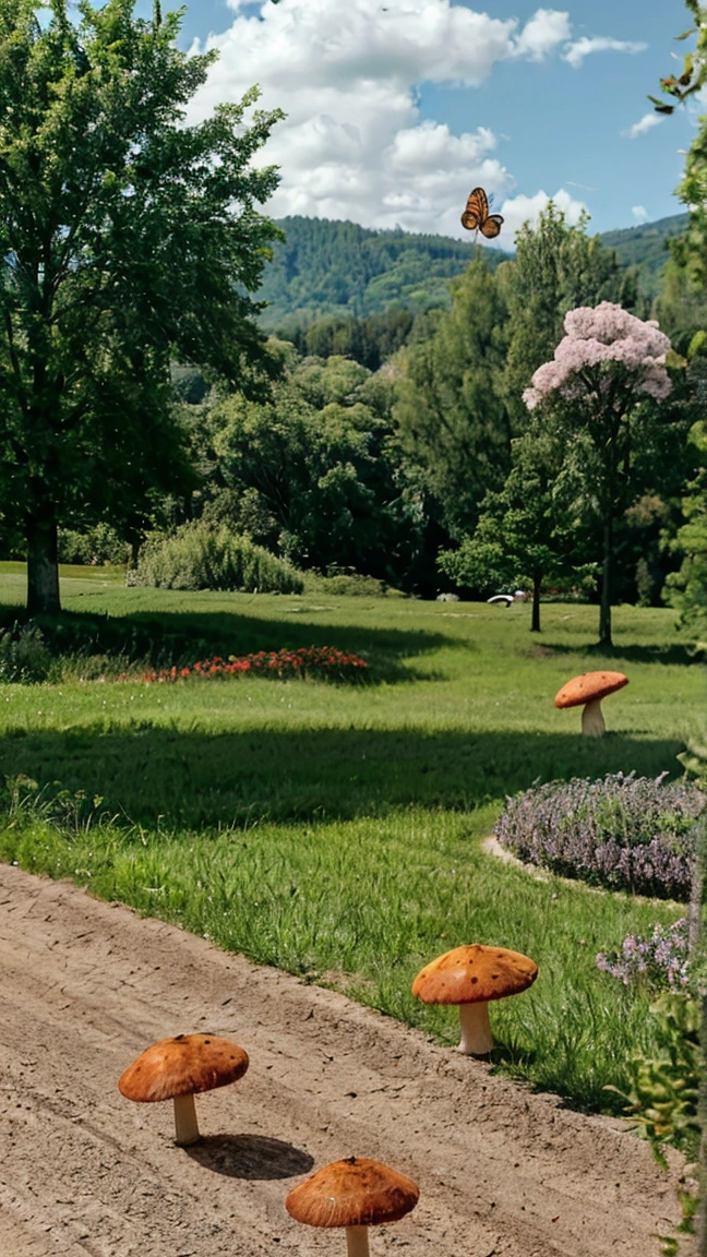 real image of a field of few trees surrounded by butterflies and flowers, red mushrooms. in the distance a 30 year old Turkish man with a short beard sitting on a stone, 4k HD real image, High Definition, remove cgi, remove 3d. natural and realistic skin. photorealism style. full body angle. ultra real image. sharp and true focus.
