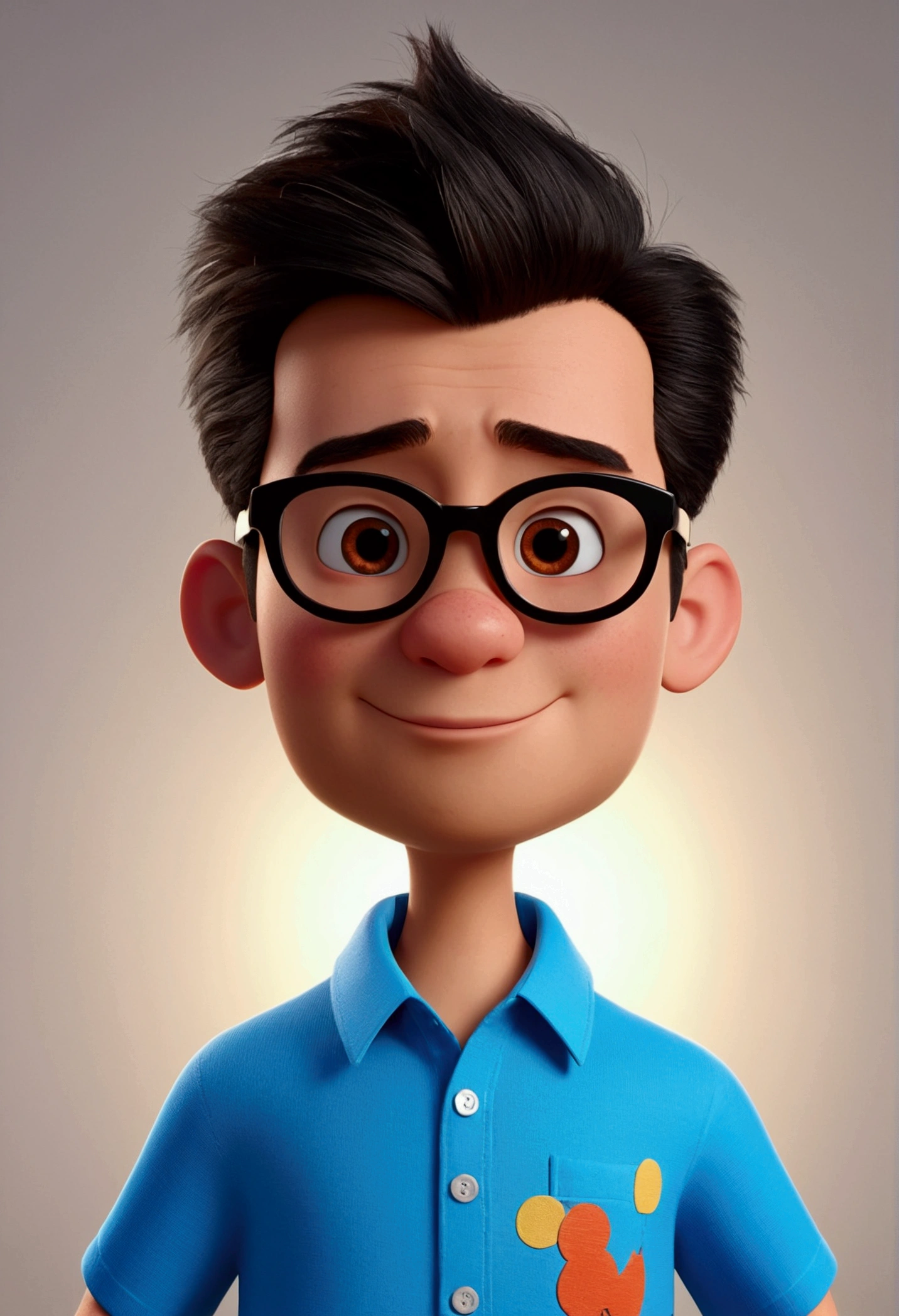 Cartoon character of a man in black glasses and blue shirt, an animated character, stylized character, animation style rendering, 3d stylized, Arnold Maya rendering, Stylized 3D rendering, toon render screenshot, 3d character, 3d character, Stylized 3D rendering, 3D character rendering, cartoon character, Personagem de close up, character posing, (Pixar-style) (master part:1.2) (bokeh) (best qualityer) (skin detailed) (detailed texture) (8k) (Argilla) (cinematic lighting) (sharp focus,Sit down and lift your upper body