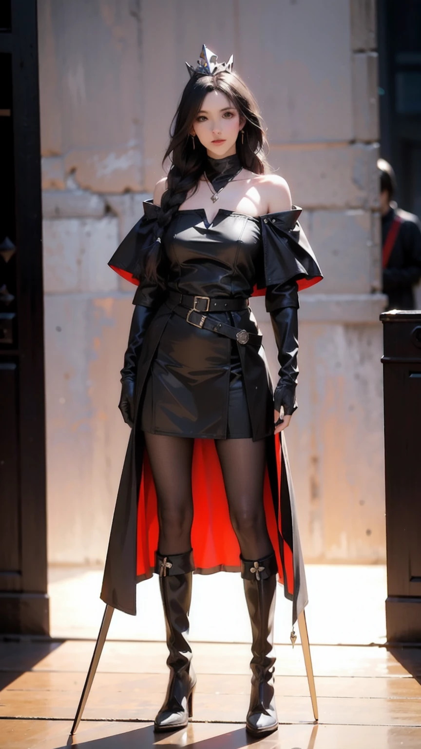 ((Full body photo, standing, feet on the floor)) (best quality, masterpiece:1.2), (realistic, photo-realistic:1.37), ultra-detailed, realistic texture, realistic materials, realistic light source, realistic shadows, realistic skin texture, realistic contrast, out focusing, (full body:1.3)
Scene description: Wearing medieval fantasy games, fantasy movie, in a fantasy movie, in a fantasy game
Clothing description: (thieves armor, wizard robe, leather armor, metal decoration, feather decoration, tiara, headdress, Pauldrons, Gloves, Belt, Gaiters, Boots, Cloak, pants, skirt, shirts, bare thighs, off shoulder, pantyhose, weapons), elegance, old fashioned
Job description: Knight, Rogue, Wizard, Cleric, Nun, Witch, Valkyrie, Swordsman
((random hair color, random outfit, random combination, random color, random Clothing))
