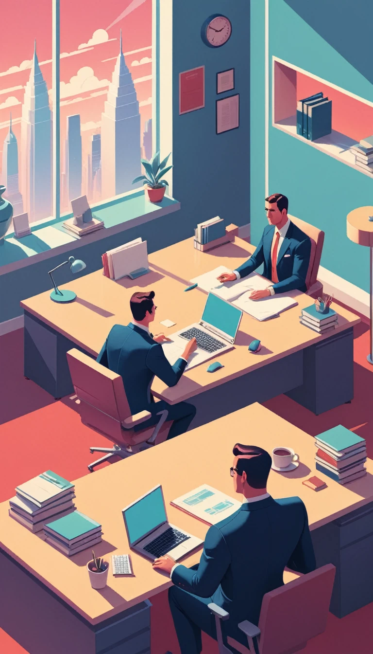 isometric style in the style of James Gilleard a man, lawyer and another man sitting at a desk in the office, in style of james gilleard, digital illustration -, atey ghailan 8 k, stylized digital illustration, flat illustration, in style of atey ghailan, detailed 2d illustration, james gilleard artwork, by Atey Ghailan, by James Gilleard, jen bartel, in style of digital illustration,(Provia:1.3) . vibrant, beautiful, crisp, detailed, ultra detailed, intricate