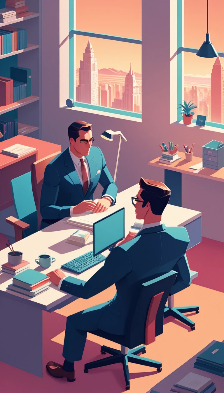 isometric style in the style of James Gilleard a man, lawyer and another man sitting at a desk in the office, in style of james gilleard, digital illustration -, atey ghailan 8 k, stylized digital illustration, flat illustration, in style of atey ghailan, detailed 2d illustration, james gilleard artwork, by Atey Ghailan, by James Gilleard, jen bartel, in style of digital illustration,(Provia:1.3) . vibrant, beautiful, crisp, detailed, ultra detailed, intricate