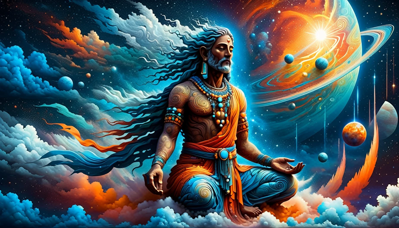 Create a woodcut style image digital art surreal art that depicts a mystical figure with divine characteristics, the figure is one chosen by the gods of spirituality,the figure is shrouded in clouds looking at the planets and ancestral signs,figure practices the art of meditation, Use a vibrant color palette, including blue, oranges and whites, to create heavenly contrast and a stunning visual effect