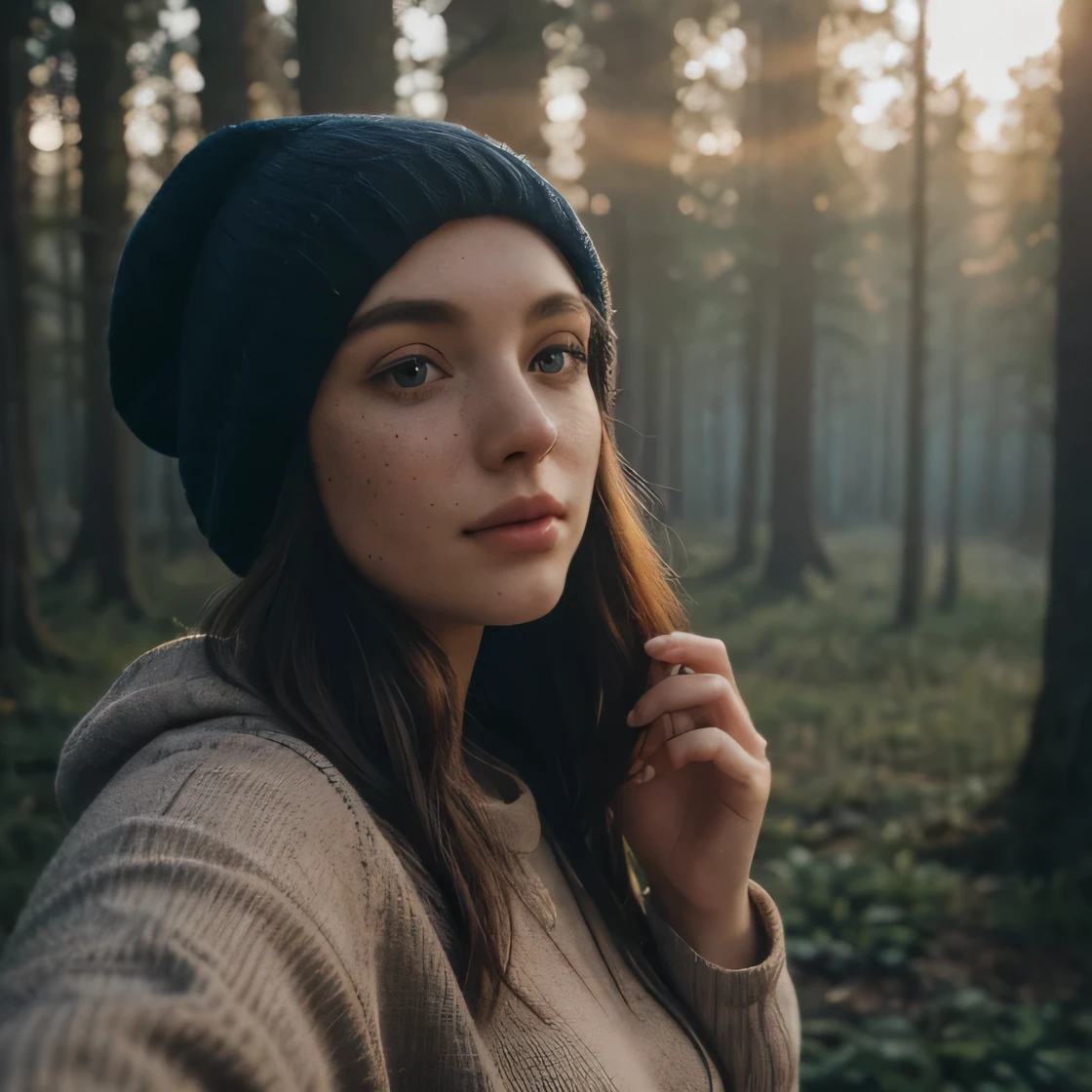 young brunette teen in pajamas, translucent skin, loose dark blue shirt, loose dark blue, pants, sagging breasts, very pale skin, freckles, ((Upper body selfie, Happy)), masutepiece, of the highest quality, Ultra Detail, Solo, Outdoors, (Night), mont, Nature, (Star, Moon) Cheerful, Happy, hand armor, Sweaters, hat, flash lights, forest, Rock, River, Wood, Smoke, Shadow, Contrasty, crystal clear skies, analog style (look at viewr:1.2) (Skin Texture) (Film grain: 1.3), (Warm shades, Warm tones): 1.2), close-up, Cinematic Light, side lights, Ultra High Resolution, Best Shadow, raw, wearing pullover, kodak vision 3,