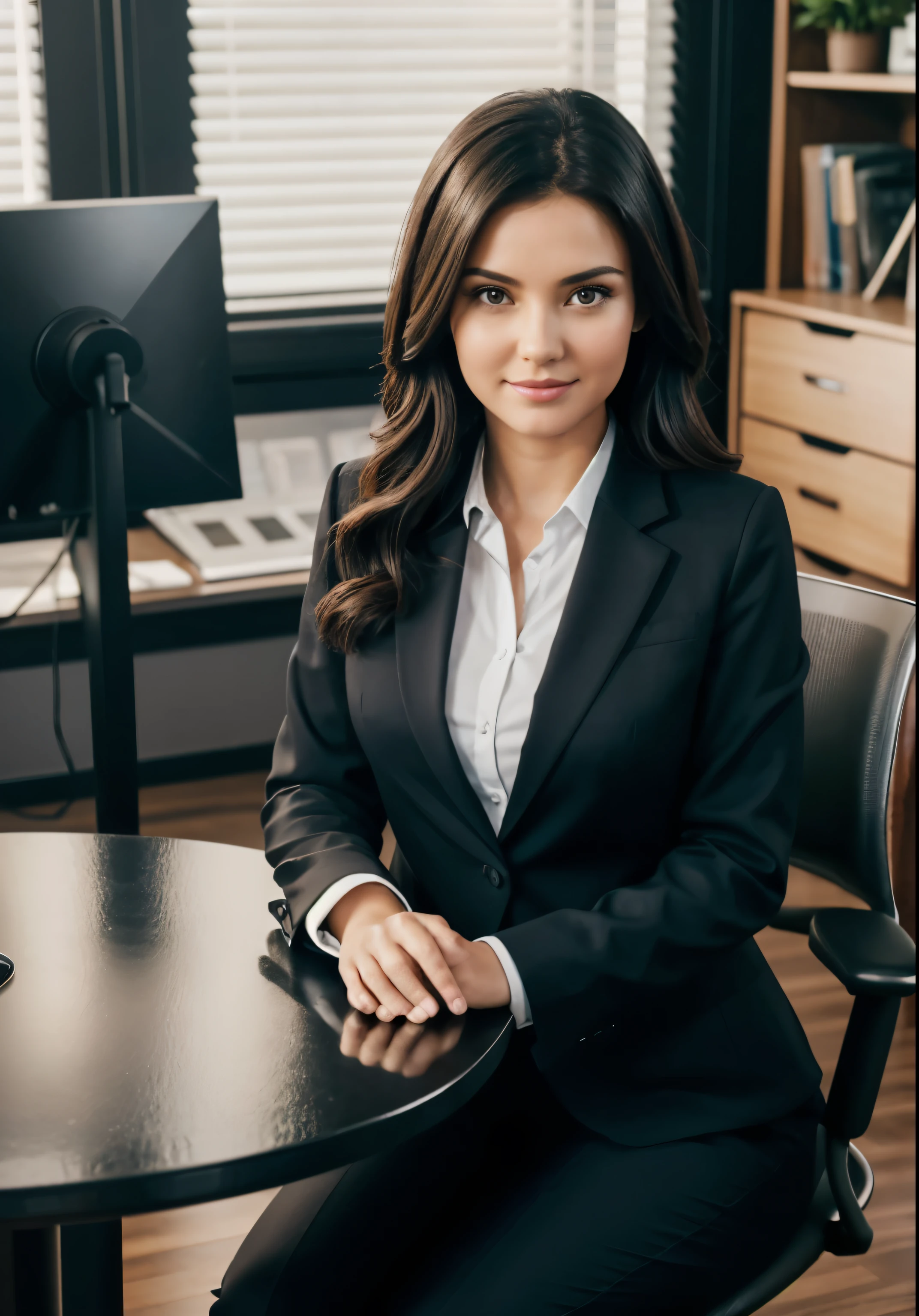 A dark-haired girl is sitting at a table in the studio, her hands are on the table. The girl is wearing a business suit. The girl's face looks directly into the camera. The face is well lit