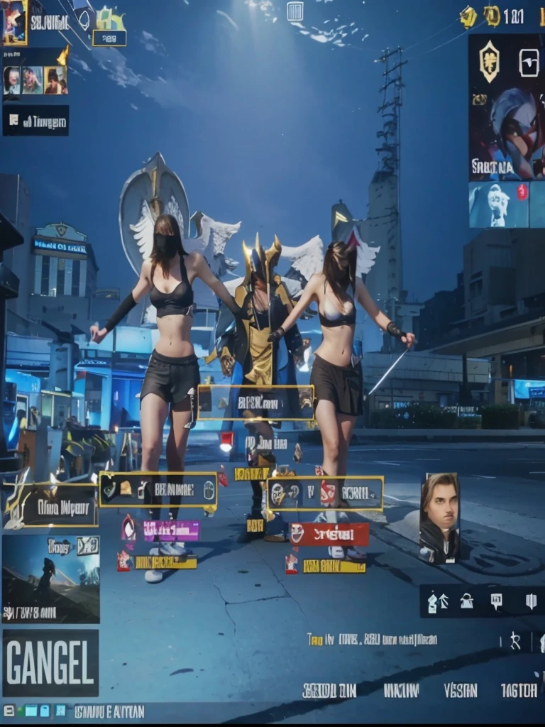 The image is a screenshot from a video game featuring three characters: a male angel with wings, a female angel, and a demon. They are standing in a city street.