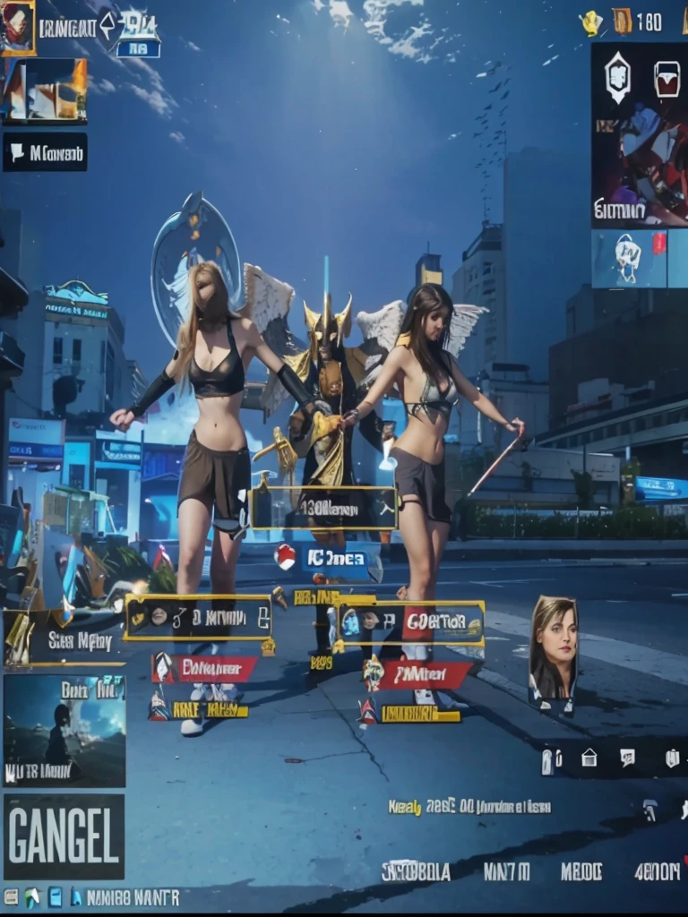 The image is a screenshot from a video game featuring three characters: a male angel with wings, a female angel, and a demon. They are standing in a city street.