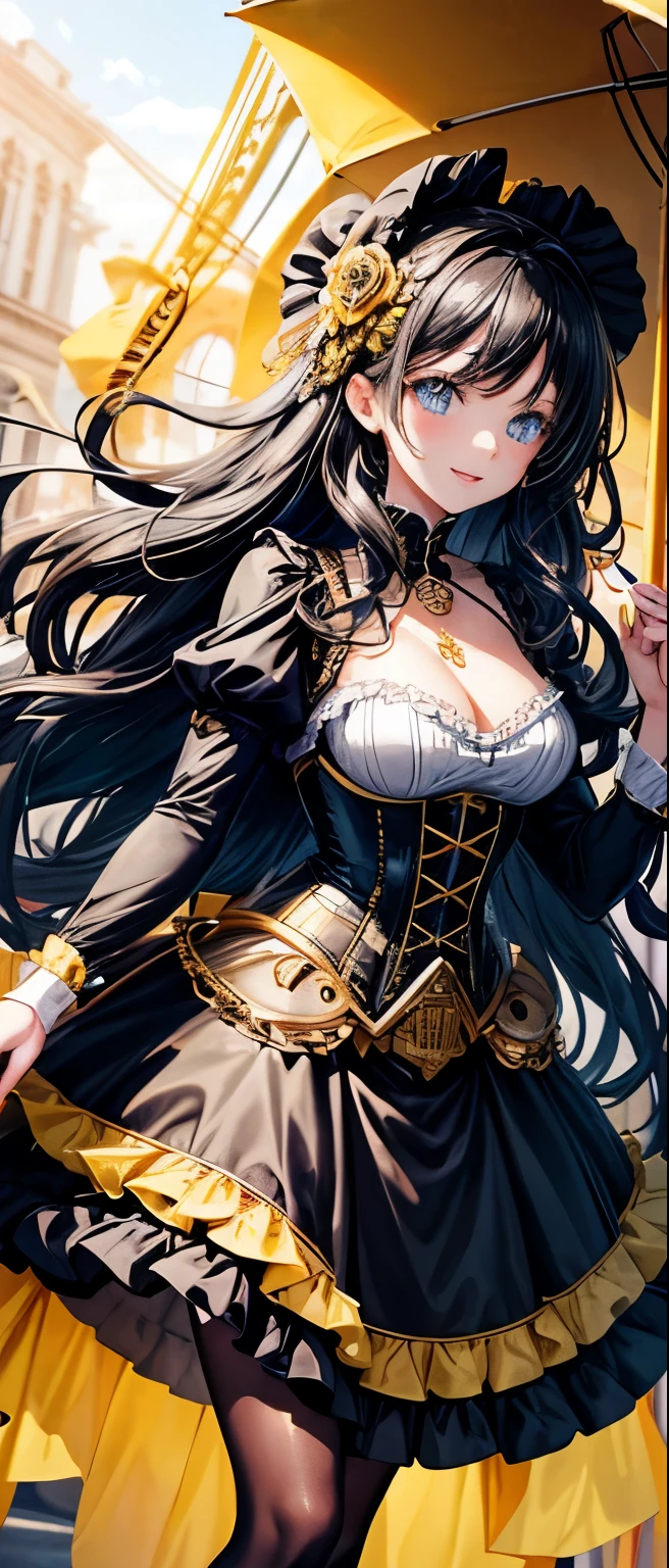 young cheerful woman, waist length golden wavy hair, Blue eyes. Steampunk dress with black corset and layered yellow ruffled skirt, black tights. on the head there is a black hat with yellow roses, necklace with blue stones on the neck, holding a black umbrella with yellow ruffles around the edges