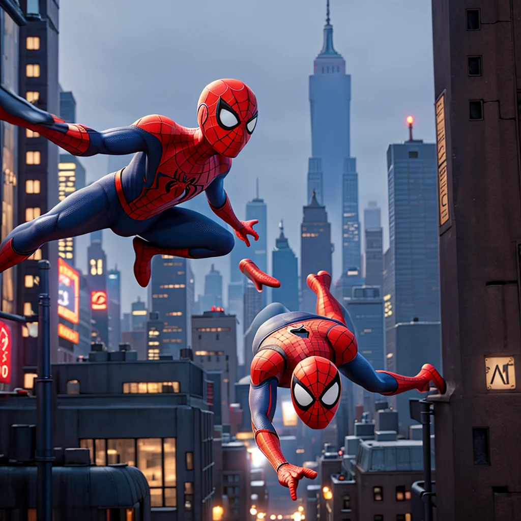 Spiderman flying without mask in newyork city in rain