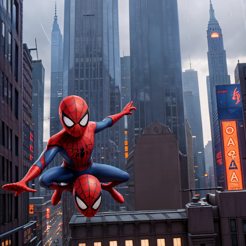 Spiderman flying without mask in newyork city in rain