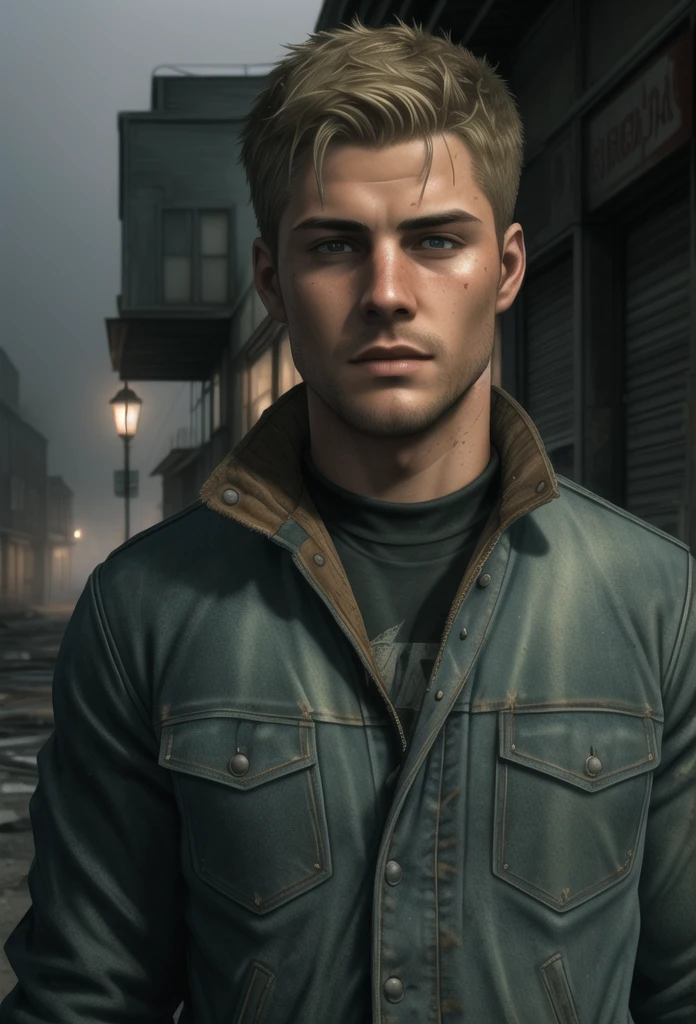 ((ultra intricate details, digital art style, airbrushed)), ((1man, dirty-blonde,  close up body portrait)), (29 year old man:1.1), (James Sunderland from Silent Hill 2:1.3), dark somber and gloomy atmosphere, he is walking the misty abandoned streets of Silent Hill, Wearing a (dark green jacket:1.1) and jeans, (short:1.1) messy blonde hair, stubble, grizzled, forlorn), deathly silent ruined American town, abandoned town center, empty buildings, empty shopfronts, (thick fog, volumetric mist:1.2),( rusted cars), soft volumetric lighting, muted colors,