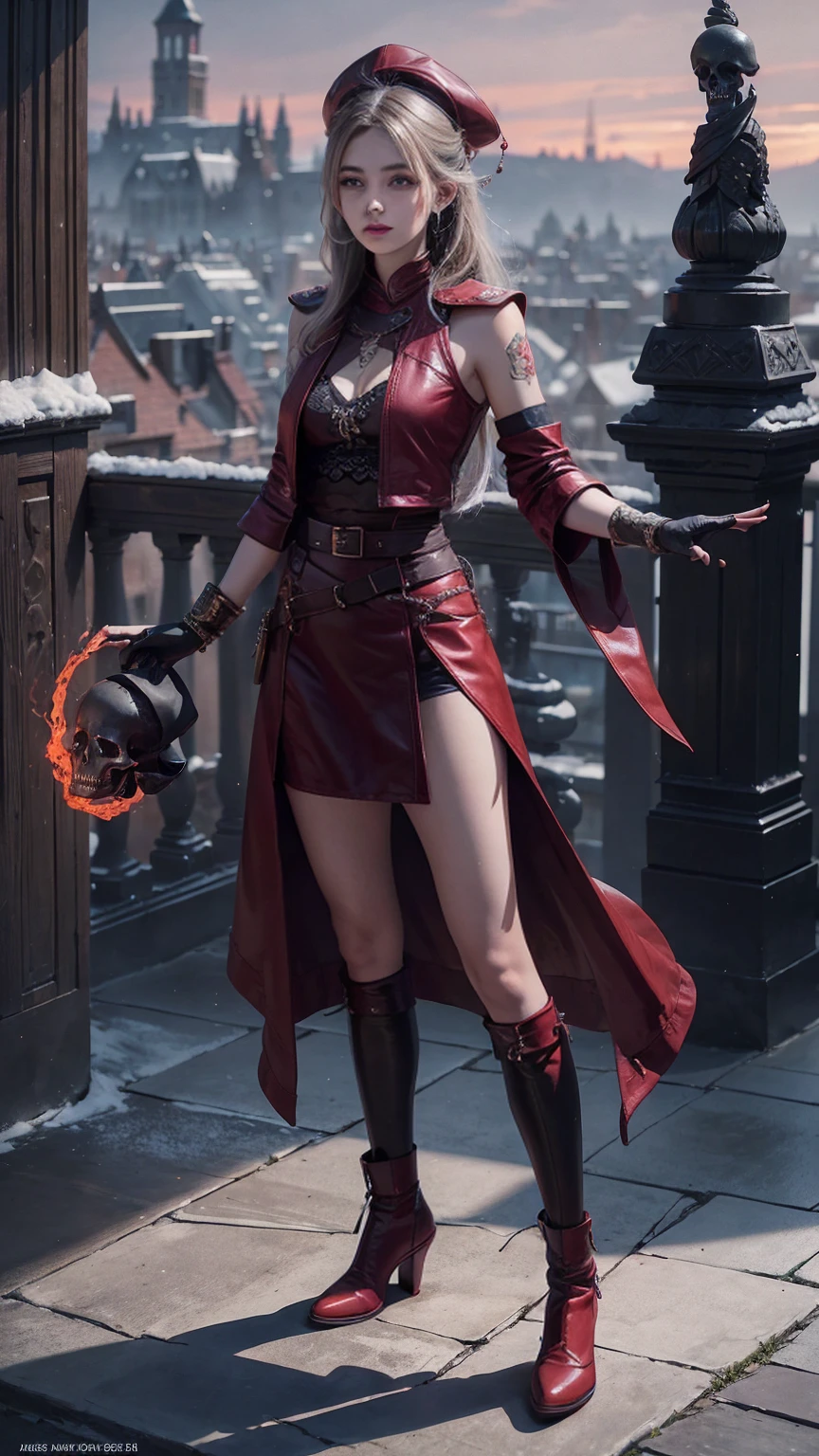 ((Full body photo, standing, feet on the floor)) full body Esbian, of the highest quality, Intricately detailed skins, Shiny skin, Shiny hair, pale complexion,Big breasts), Red sky, Continuous snow, Castle terrace, ((Skull Mark)), ambitious, Seductive Woman, Gray hair, Long hair, Hair fluttering in the wind, Skull mask on half of the face, Detailed tattoos, Red leather clothes, Red sleeveless clothes, Red leather coat, Black leather gloves, Solid Gold Bracelet, leather skirt red skirt, , small hat, (Leather Belt), Look far away