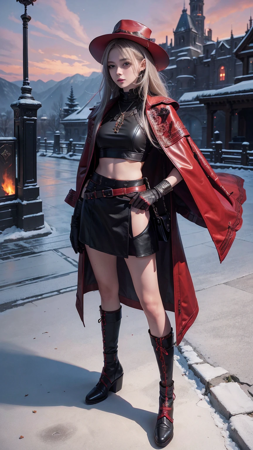 ((Full body photo, standing, feet on the floor)) full body Esbian, of the highest quality, Intricately detailed skins, Shiny skin, Shiny hair, pale complexion，Big breasts), 　Red sky,　Continuous snow， Castle terrace, ((Skull Mark)), ambitious, Seductive Woman, Gray hair, Long hair, Hair fluttering in the wind, Skull mask on half of the face, Detailed tattoos, Red leather clothes, Red sleeveless clothes, Red leather coat, Black leather gloves, Solid Gold Bracelet, leather skirt red skirt, , small hat, (Leather Belt), Look far away