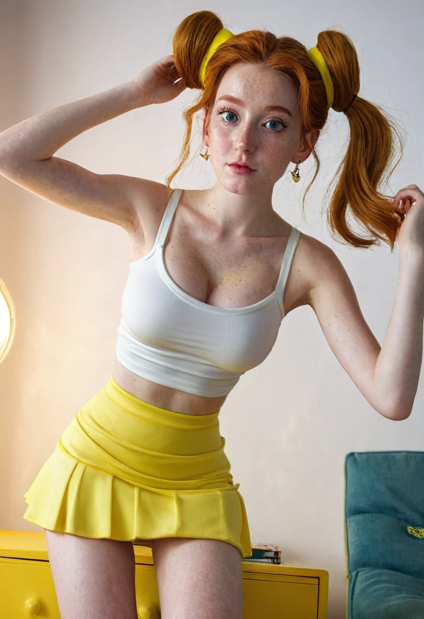 8k, highly detailed, spongebob squarepants art, a full body girl very pale skin full of freckles,hair up, very bulging eyes, ginger hair, very very very thin legs and very very very thin arms,backlighting, very thin face, bulging eyes, pale white skin, very freckled, very thin, very very large y ears, big long nose,flat stomach, spongebob squarepants tank top,nobra,yelow shoes, yellow mini skirt, .Candid, Sideboob, armhole, Nipslip, Bent over, braless, Wearing , from side, skinny girl, detailed studio portrait photography, 1girl, beautiful detailed eyes, beautiful detailed lips, extremely detailed face and skin, long eyelashes, studio lighting, professional lighting, high contrast, dramatic lighting, dramatic shadows, dramatic pose, elegant dress, flawless skin, porcelain skin, photorealistic, realistic, 8k, best quality, masterpiece