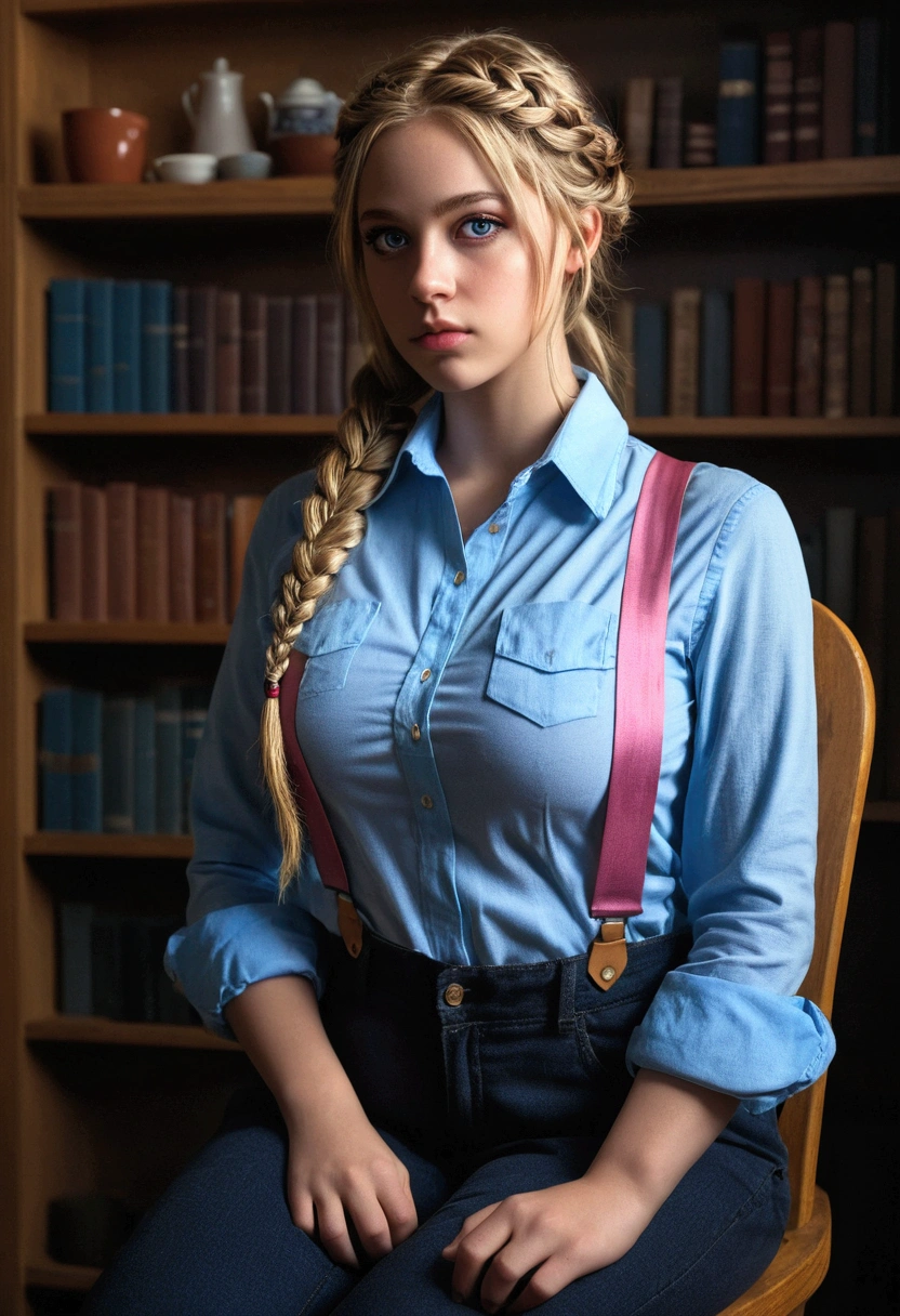 standing alone, 1 girl, work of art, best qualityer, extremely detaild, cinematic lighting, intricate-detail, high resolution, offcial art, beautiful face and finely detailed eyes, ilustração de high resolution, 8k, dark intense shadows, overexposure, [hair blonde/chestnut hair], single braid, blue colored eyes, cups, Presumptuous, sitting down on chair, trunk, huge big breasts, blue shirts, yellow suspenders, Boken_battery, bookcase, ((vine)), Pink, gazing at viewer