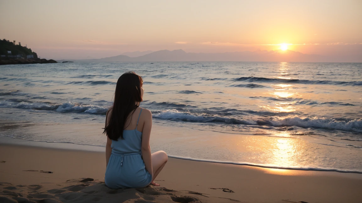work of art, best qualityer,8K resolution,real,cute photo,A girl is on the beach,Cao Cao,She looked at the sunset in the distance,The sea is sparkling,shot from behind,ultra wide angle lens,Cor fuji