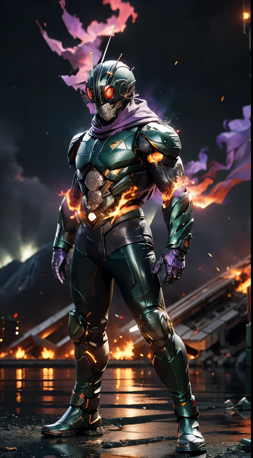 (kamen rider, (standing), full body detailed, detailed hands, blue, purple and green suit, black scarf, low hood, ((epic burning city)), ruins, floating, explosion, debris, some fire and glitter background, ultra hd, ultra realistic texture, (flare lens:1.2), (long shot:0.9)