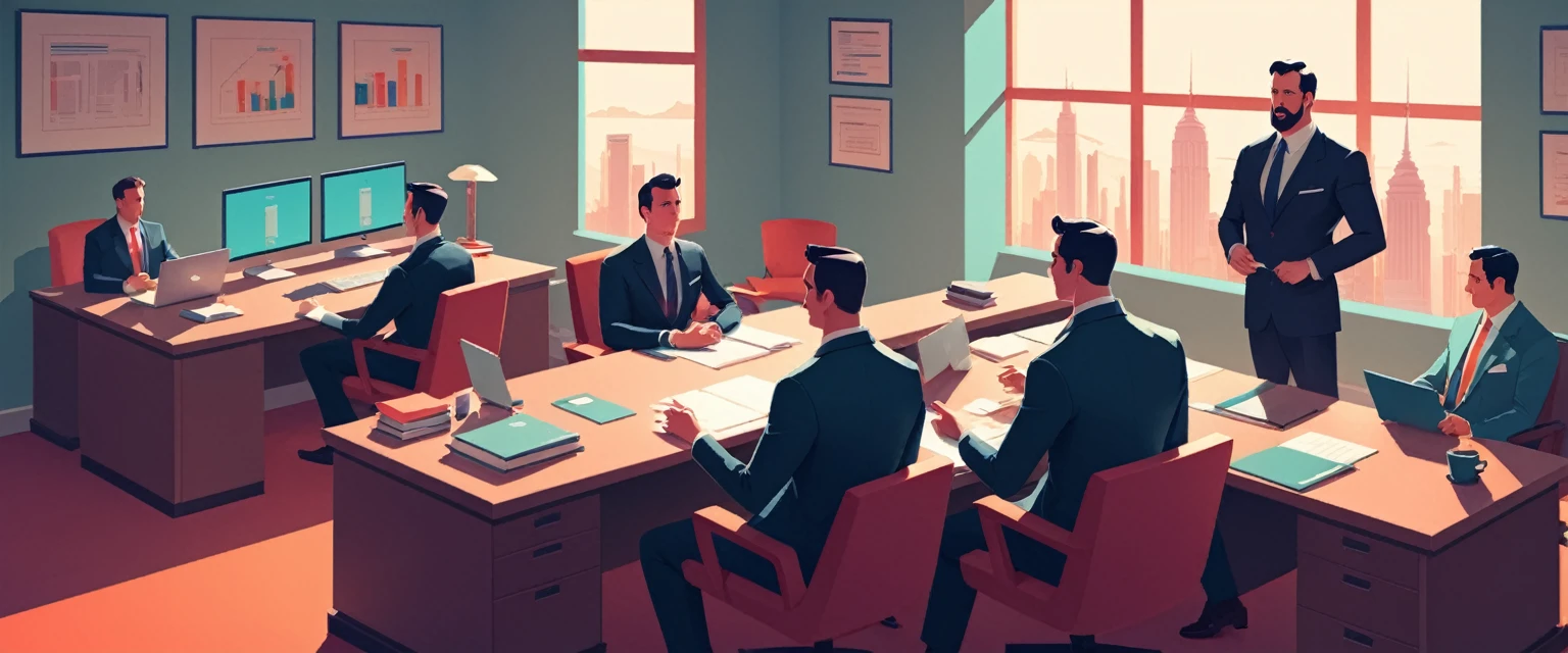 isometric style in the style of James Gilleard a man, lawyer and some more men sitting at a desk in the office, law office, in style of james gilleard, digital illustration -, atey ghailan 8 k, stylized digital illustration, flat illustration, in style of atey ghailan, detailed 2d illustration, james gilleard artwork, by Atey Ghailan, by James Gilleard, jen bartel, in style of digital illustration,(Provia:1.3) . vibrant, beautiful, crisp, detailed, ultra detailed, intricate
