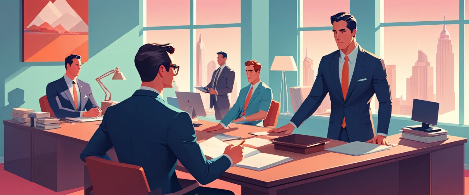 isometric style in the style of James Gilleard a man, lawyer and some more men sitting at a desk in the office, law office, in style of james gilleard, digital illustration -, atey ghailan 8 k, stylized digital illustration, flat illustration, in style of atey ghailan, detailed 2d illustration, james gilleard artwork, by Atey Ghailan, by James Gilleard, jen bartel, in style of digital illustration,(Provia:1.3) . vibrant, beautiful, crisp, detailed, ultra detailed, intricate