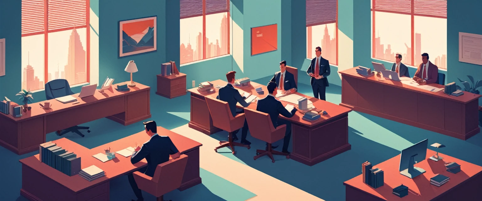 isometric style in the style of James Gilleard a man, lawyer and some more men sitting at a desk in the office, law office, in style of james gilleard, digital illustration -, atey ghailan 8 k, stylized digital illustration, flat illustration, in style of atey ghailan, detailed 2d illustration, james gilleard artwork, by Atey Ghailan, by James Gilleard, jen bartel, in style of digital illustration,(Provia:1.3) . vibrant, beautiful, crisp, detailed, ultra detailed, intricate