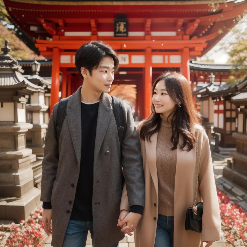 araffe couple walking in front of a red building, kyoto inspired, 