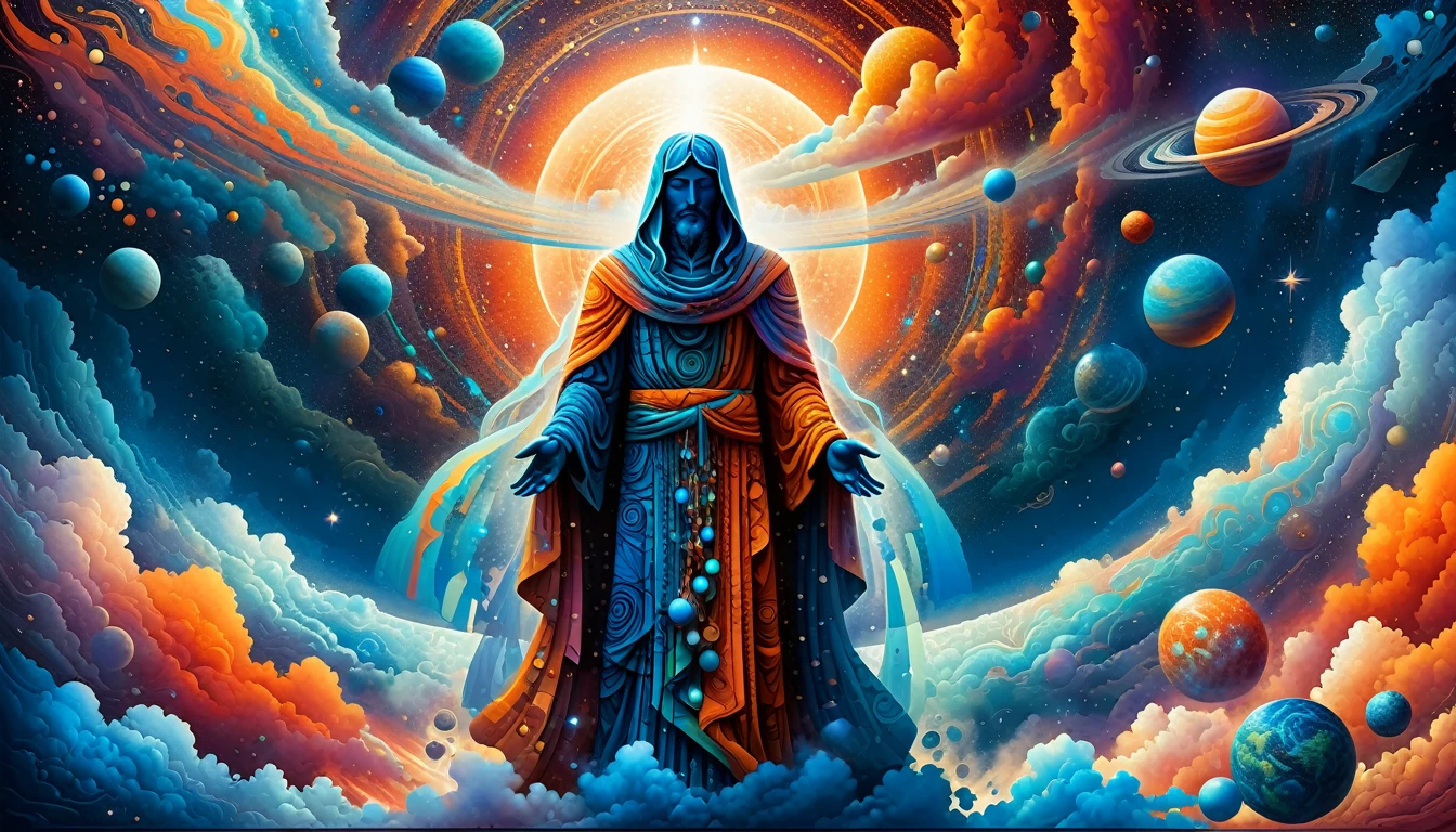 Create a woodcut style image digital art surreal art that depicts a mystical figure with divine characteristics, the figure is one chosen by the gods of spirituality,the figure is shrouded in clouds looking at the planets and ancestral signs,figure is in the middle of the crowd that looks at him with surprise and admiration, Use a vibrant color palette, including blue, oranges and whites, to create heavenly contrast and a stunning visual effect