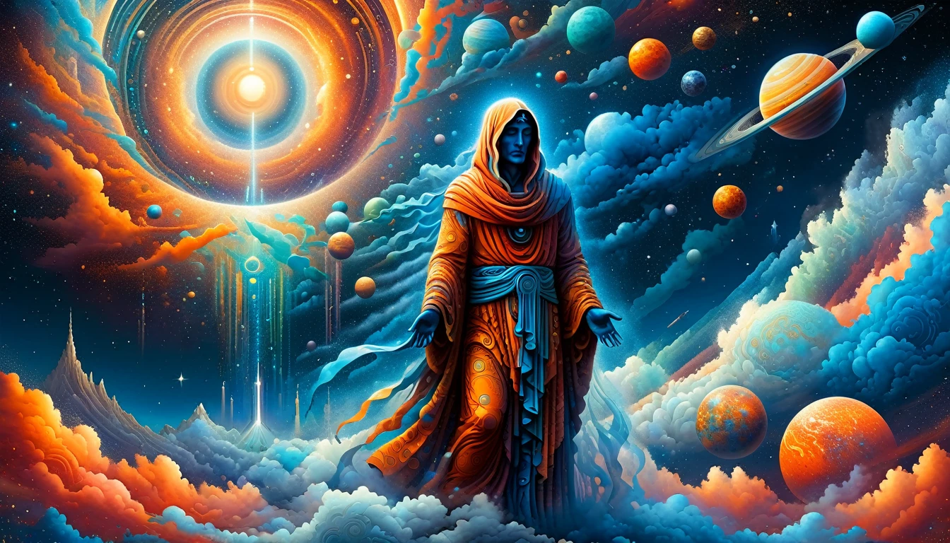 Create a woodcut style image digital art surreal art that depicts a mystical figure with divine characteristics, the figure is one chosen by the gods of spirituality,the figure is shrouded in clouds looking at the planets and ancestral signs,figure is in the middle of the crowd that looks at him with surprise and admiration, Use a vibrant color palette, including blue, oranges and whites, to create heavenly contrast and a stunning visual effect