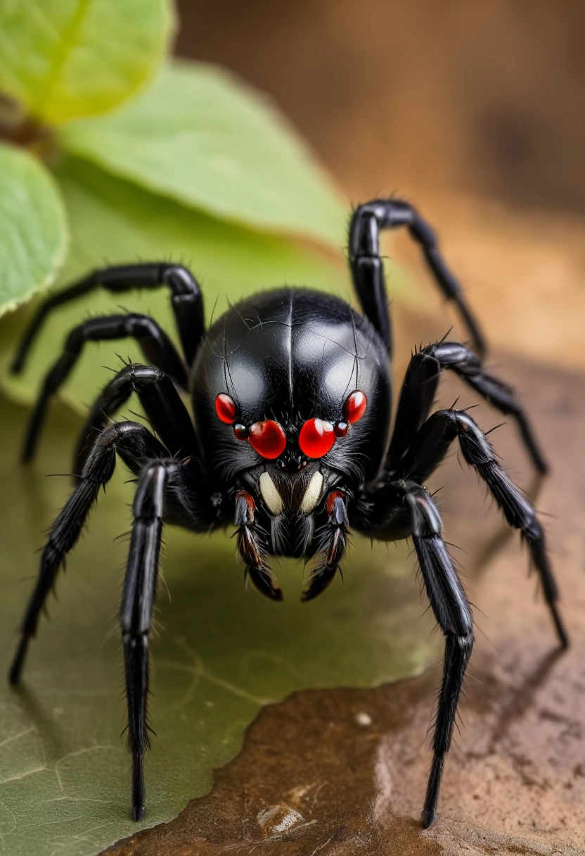 a mad, looking, standing black widow spider with claws