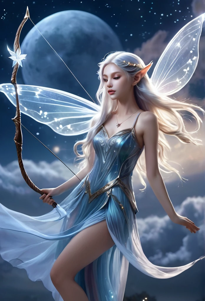 under a wonderful moonlight,clouds,stars,a beautiful fairy(((full body )))ethereal,translucent wings,long elf ear,gracefully shoots an arrow,beautiful fairy,long hair,short flowing dress,best quality,hyper detailed ,perfect anatomy, fantasy illustration,work of art,charming scenery,delicate,extraordinary beauty.