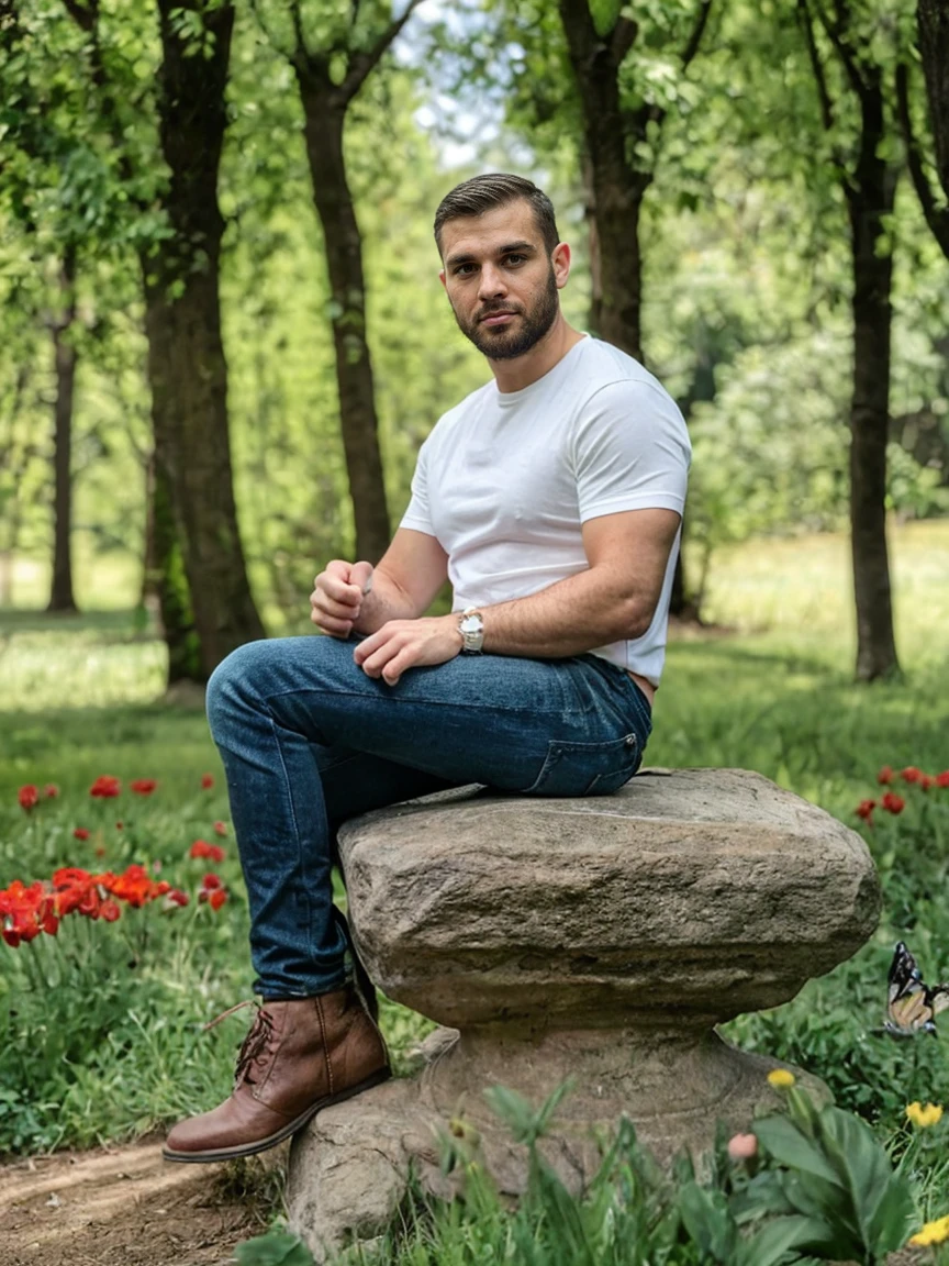 real image of a 30 year old model Turkish man with short beard and short black hair sitting on a stone in a field of few trees surrounded by butterflies and flowers, red mushrooms, 4k HD real image, High Definition, remove cgi, remove 3d. natural and realistic skin. photorealism style. full body angle. ultra real image. sharp and true focus.