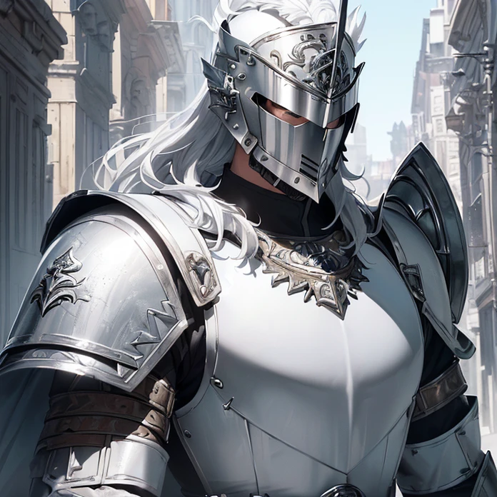 (Master piece, absurdres, best high quality image, high fantasy genre, carefully detailed textures, detailed image and background, warhammer 40k aesthetic)
{{(1character: male super soldier knight: (white bulky knight-roman centurion armor, white helmet, black roman plume crest, light-blue lined visor, white helmet crest, white cuirass, silver wolf head symbol on cuirass, white shoulder plates with silver trims, silver elbow plates, white arm plates, white gauntlets, silver belt, silver hip armor, white armor boots, silver knee plates, silver roman sword, grey sword blade), (standing firmly on guard around, confident pose), (modern italian city street))}}