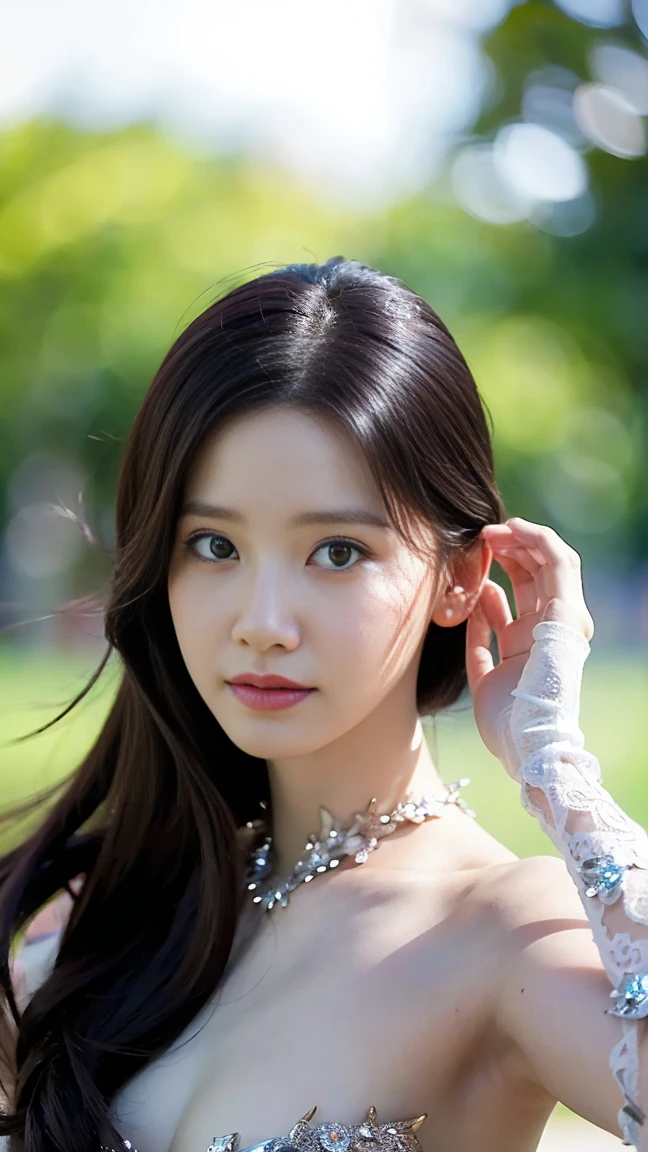 best quality, natural lighting, masterpiece, 1 girl, perfect beautiful face, (photo photo:1.3), edge lighting, photography lighting, (high detail skin:1.2), 8k ultra hd, DSLR, high quality, high resolution, white skin, detailed textured skin, 3/4 body in frame, sexy posing, cute smile face, close-lip, perfect propotion face, symetric face, eye level shot, 4k, 8k, bokeh, absurd, best ratio four fingers and one thumb, (realistic:1.3), beautiful detailed girl, cute 1girl, dark purple hair, long hair, bangs, volume hairs, collosal-breast, full looking breast, projecting breast, slim waist, slender, small thighs, perfectly proportion, outdoor background, detailed background, trees, clouds, RUANMEI COSPLAY COSTUME, CHINA DRESS, CHINESE CLOTHES, COSPLAY, RUANMEI, DRESS, GLOVES, ELBOW GLOVES, HAIR ORNAMENT, JEWELRY, HIGH HEELS