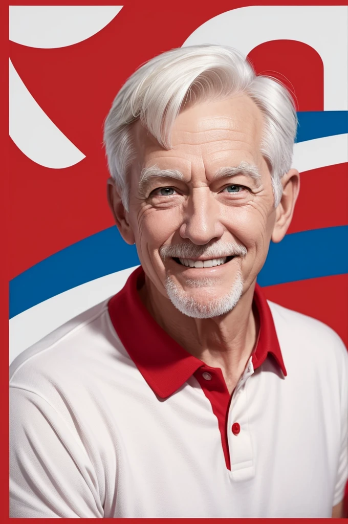 pixar inspired poster of a 70 year old man, Short white hair, in red polo t-shirt, White background, Grinning