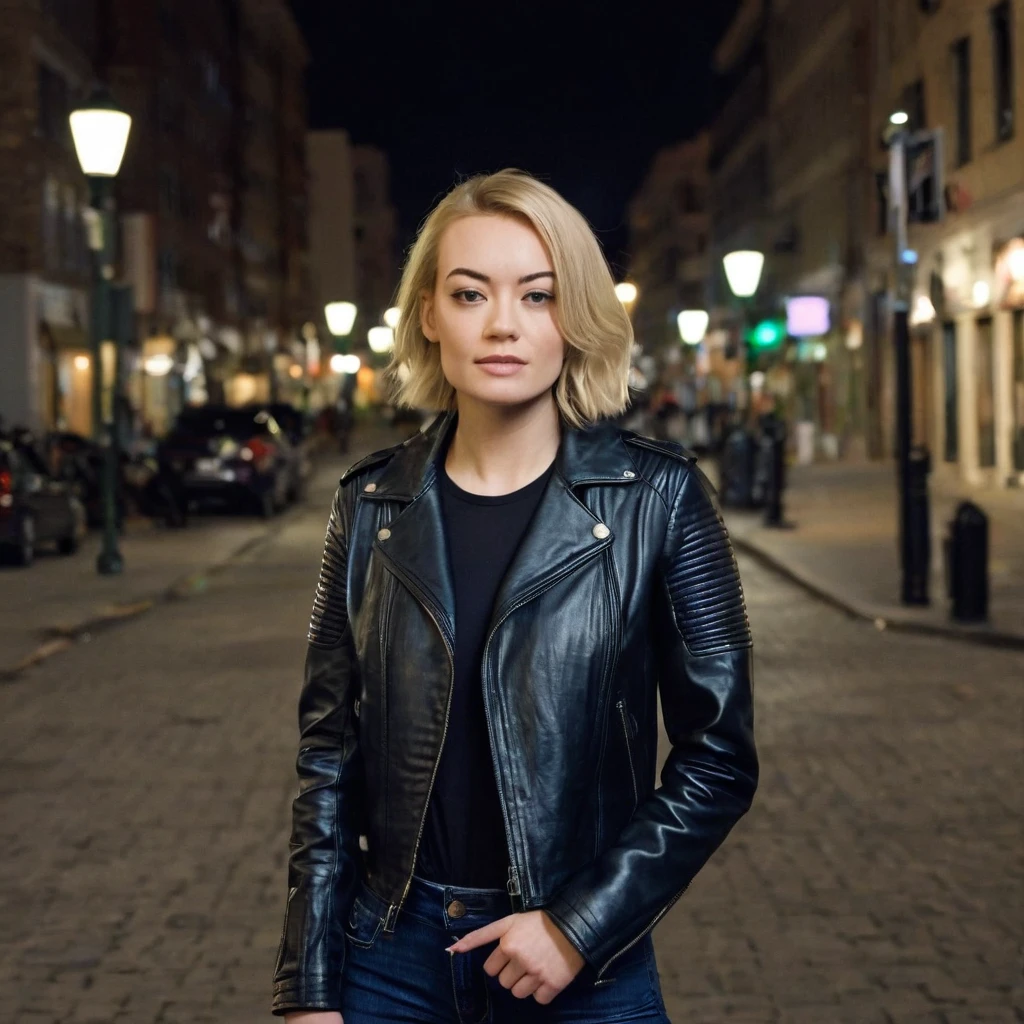 young 27 years old  woman, Xenia, looking alike Yvonne Strahovski, standing tall in the middle of a city street. The street is illuminated by a single street lamp. The woman has short blonde hair, fair skin, and is wearing a black leather jacket over a dark blue t-shirt. She is also wearing dark skinny jeans and white sneakers.
