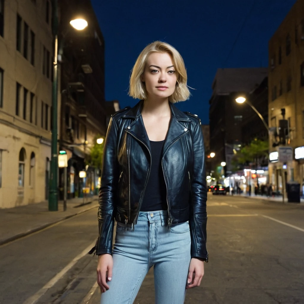 young 27 years old  woman, Xenia, looking alike Yvonne Strahovski, standing tall in the middle of a city street. The street is illuminated by a single street lamp. The woman has short blonde hair, fair skin, and is wearing a black leather jacket over a dark blue t-shirt. She is also wearing dark skinny jeans and white sneakers.
