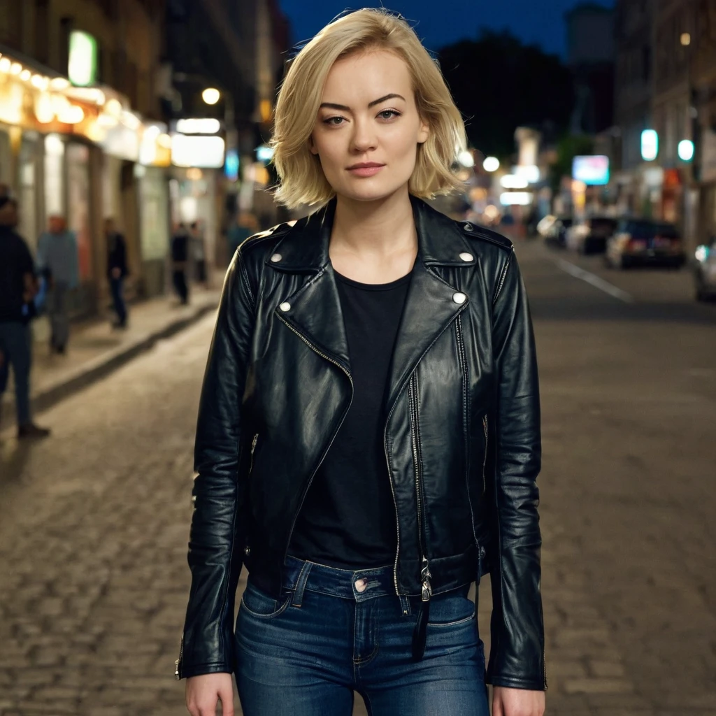 young 27 years old woman, Xenia, looking alike Yvonne Strahovski, standing tall in the middle of a city street. The street is illuminated by a single street lamp. The woman has short blonde hair, fair skin, and is wearing a black leather jacket over a dark blue t-shirt. She is also wearing dark skinny jeans and white sneakers.