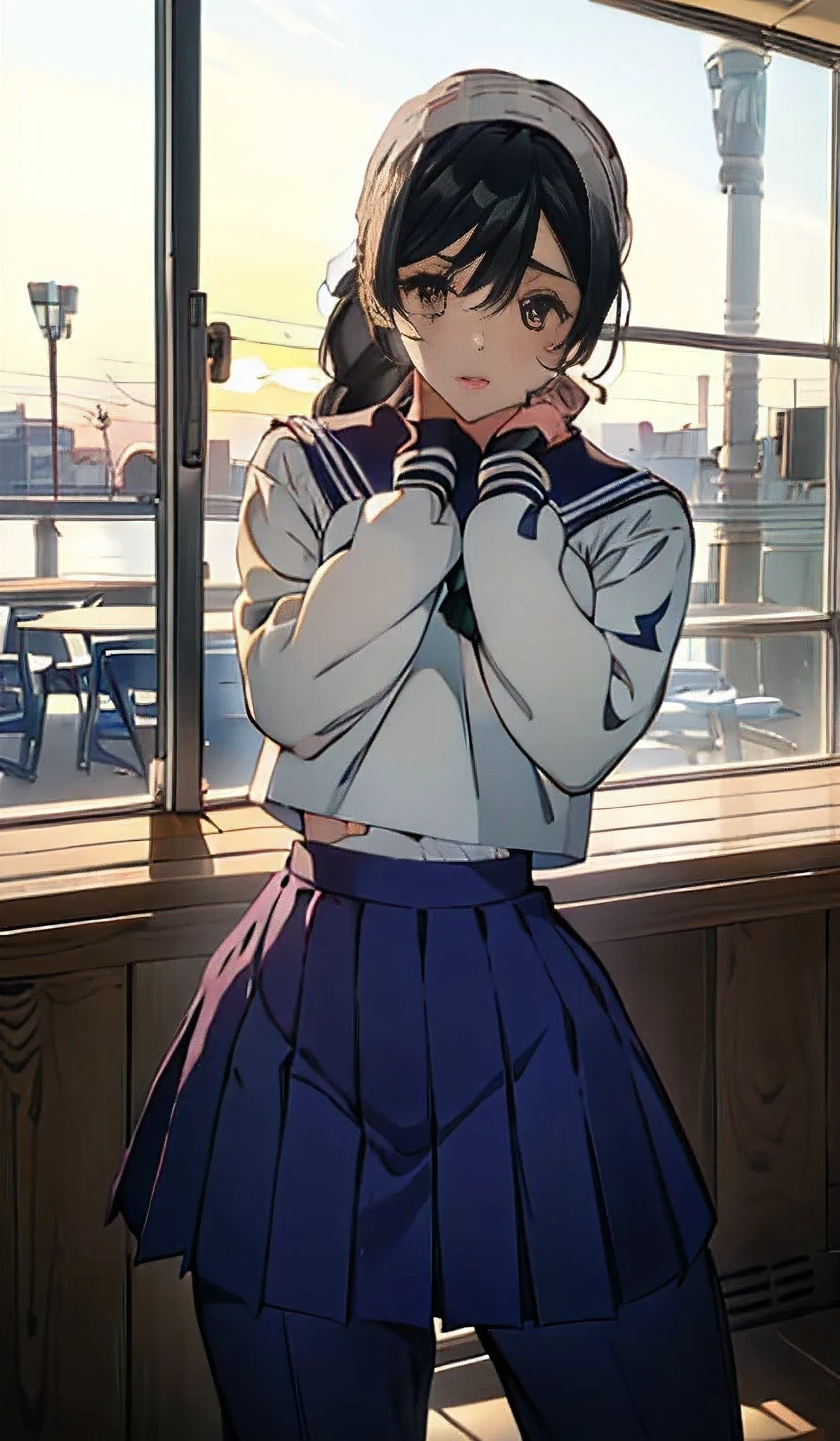(Highest quality、In 8K、32K、masterpiece、Hmph、Ultra-high resolution、Impressionism、Photorealistic:1.2)、huge 、Cowboy Shot, Detailed face and eyes、 In the classroom、School、sunset、Beautiful Face、Blurred Background、Beautiful  girl、Glowing Skin、Half Up、Beautiful brown hair、Blunt bangs、Brown eyes、(I closed one eye、Put your index finger over your mouth:1.2)、Sailor suit、Pleated mini skirt、curve、(Roll up your skirt、I can see your pants:1.4)、Thighs Thighs Thighs Thighs、Physical Education Classroom Lessons、
