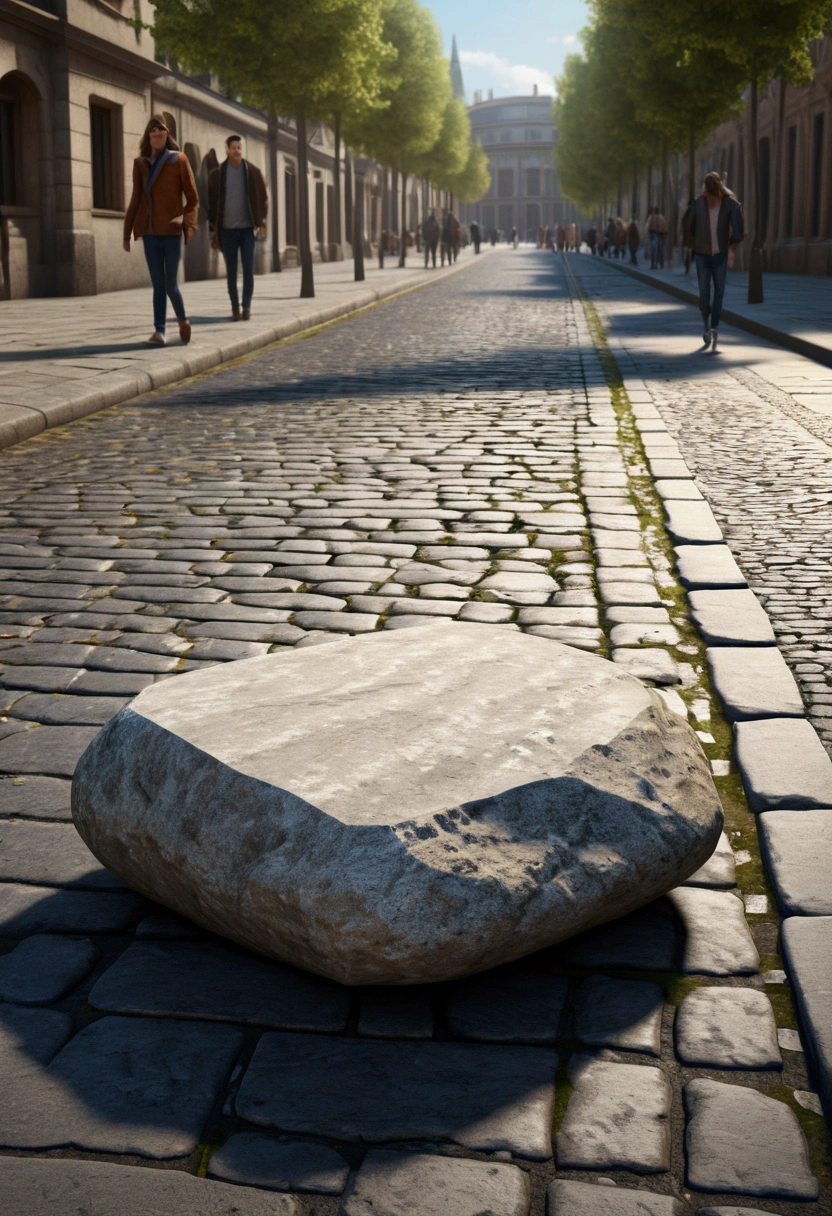 (best quality, 4K, 8K, high resolution, art: 1.2), Ultra detailed, (realistic, photorealistic, photorealistic: 1.37), A BIG STONE ON THE PATH A STONE IN THE MIDDLE OF THE STREET STONE ON THE STREET AND Other people are also shown dodging