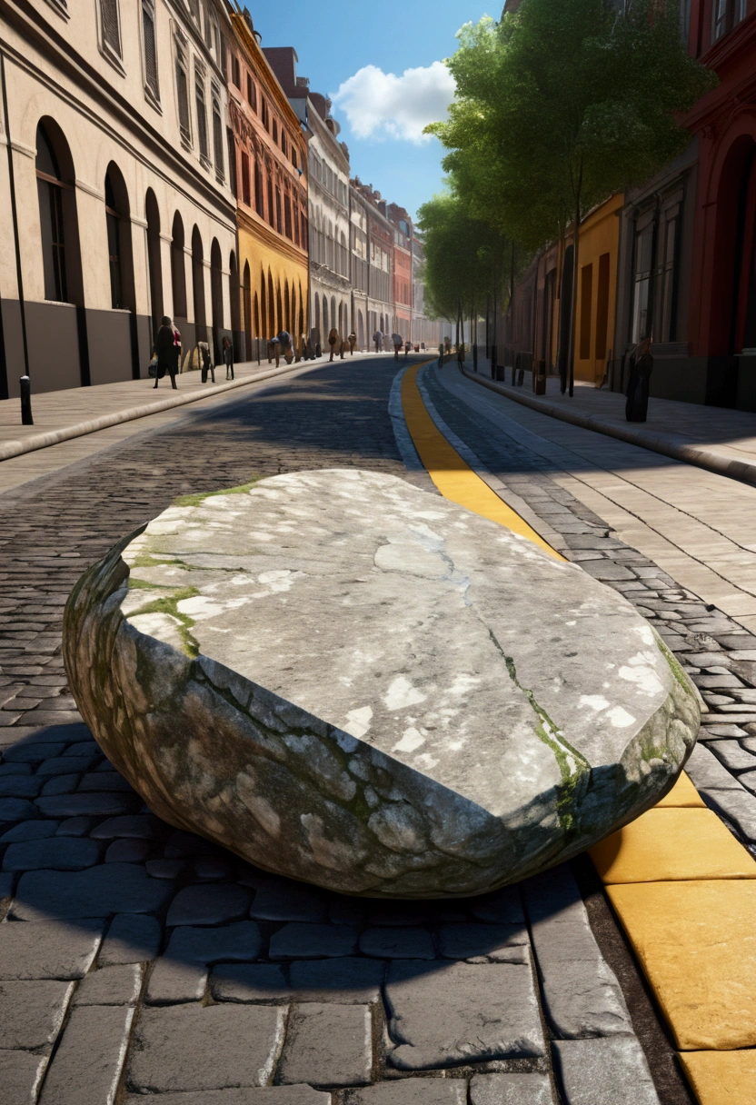 (best quality, 4K, 8K, high resolution, art: 1.2), Ultra detailed, (realistic, photorealistic, photorealistic: 1.37), A BIG STONE ON THE PATH A STONE IN THE MIDDLE OF THE STREET STONE ON THE STREET AND Other people are also shown dodging