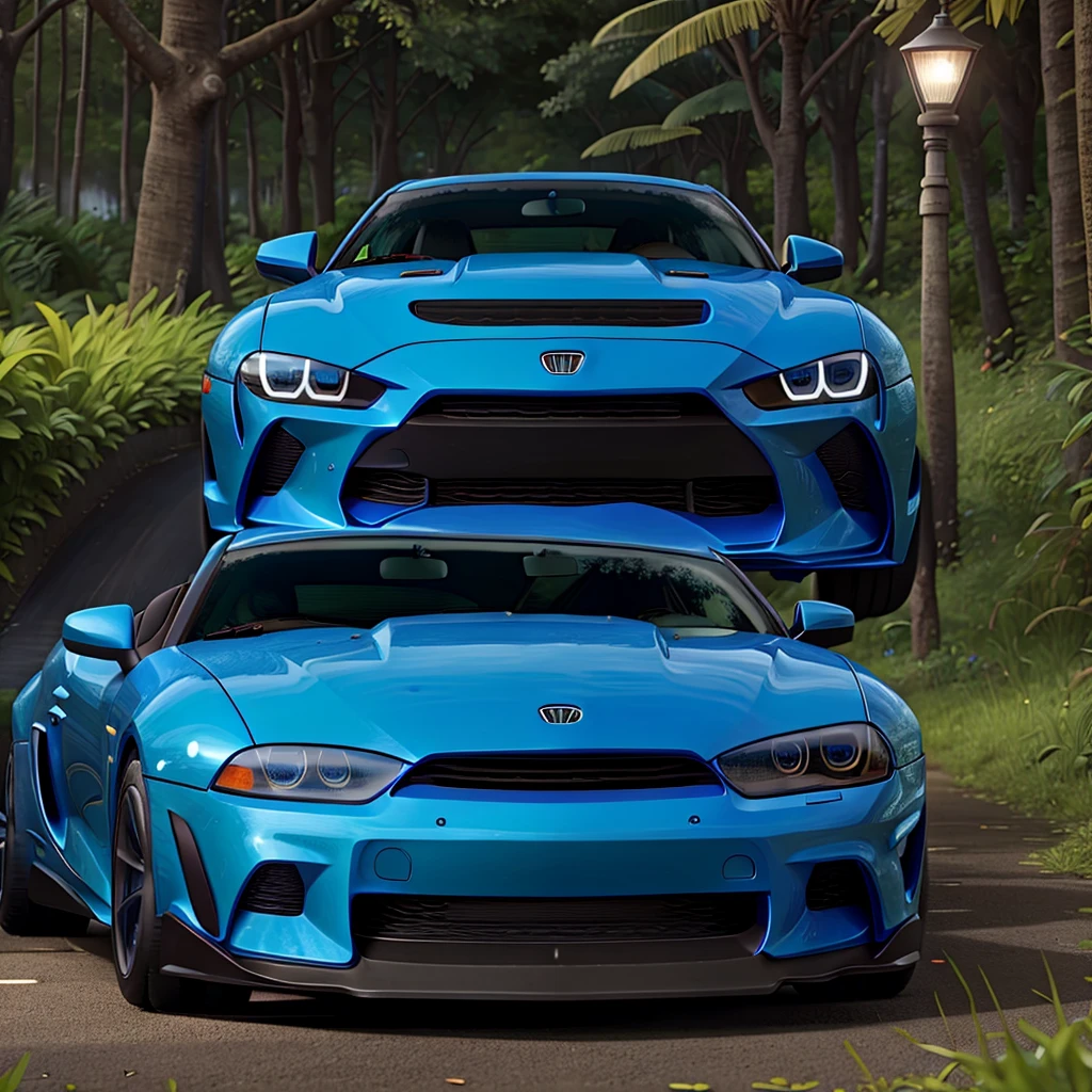 Blue supra car park in green grass in jungle with rain headlight on