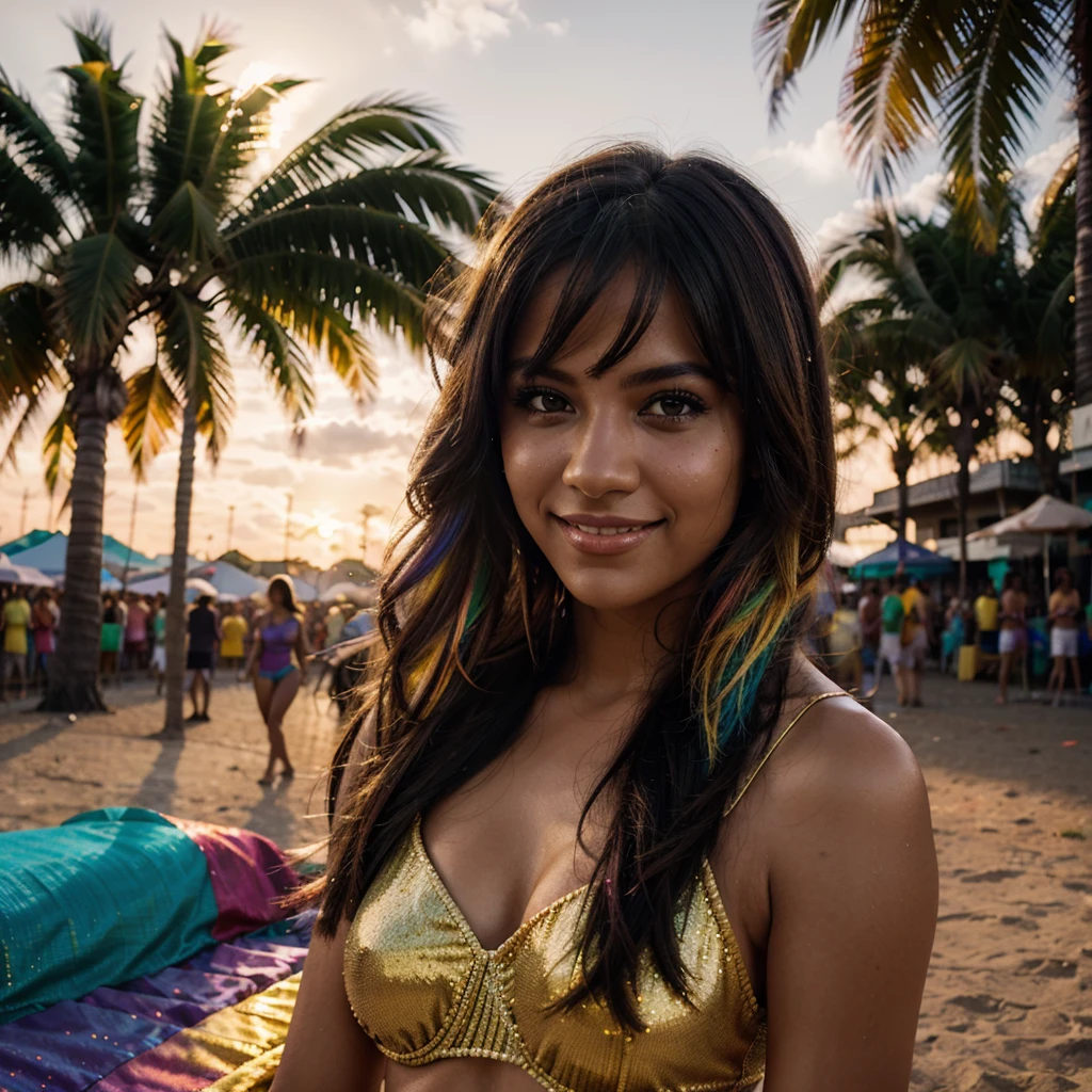 beautiful woman at BRAZILIAN CARNIVAL, shy grin, color exposion, floating colorful sparkles, hyperdetailed photography, 8K, cinematic color grading, natural skin texture, at sunset, backlit, detailed hair