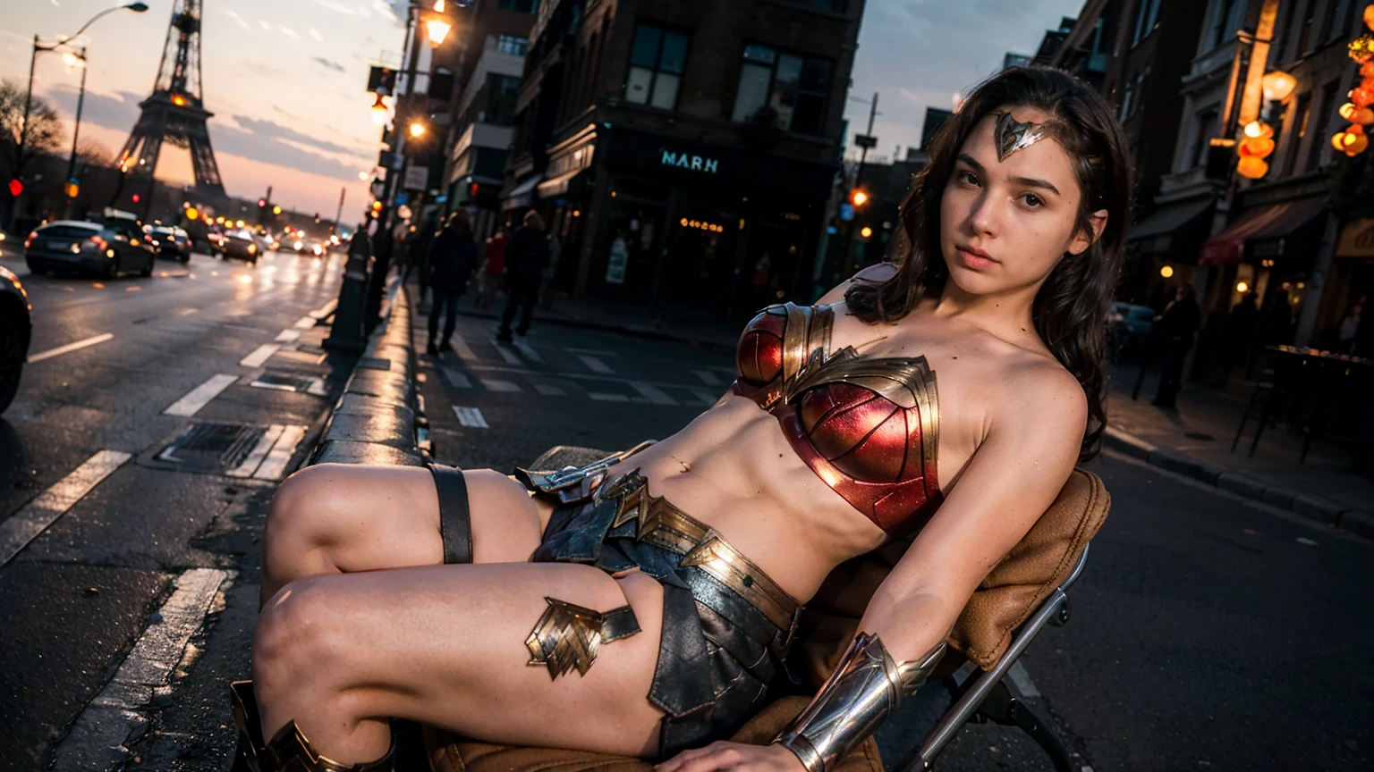 ((masterpiece), (solo character), (photorealistic:1.4), ),(best quality), (epiCRealLife), (g4lg), (wonder woman bra top), (g4lg show abs), (g4lg show cleavages), (Gal Godot in wonder woman costume), (lora:epiCFlashPhoto),(flashphoto), (flash photography) (look at viewers), (outdoor), (Eifel Tower), (night time), (city night lights), (in a street coffee shop exterior), (street view), (sitting on chair), (coffee table), , (wonder woman boots)