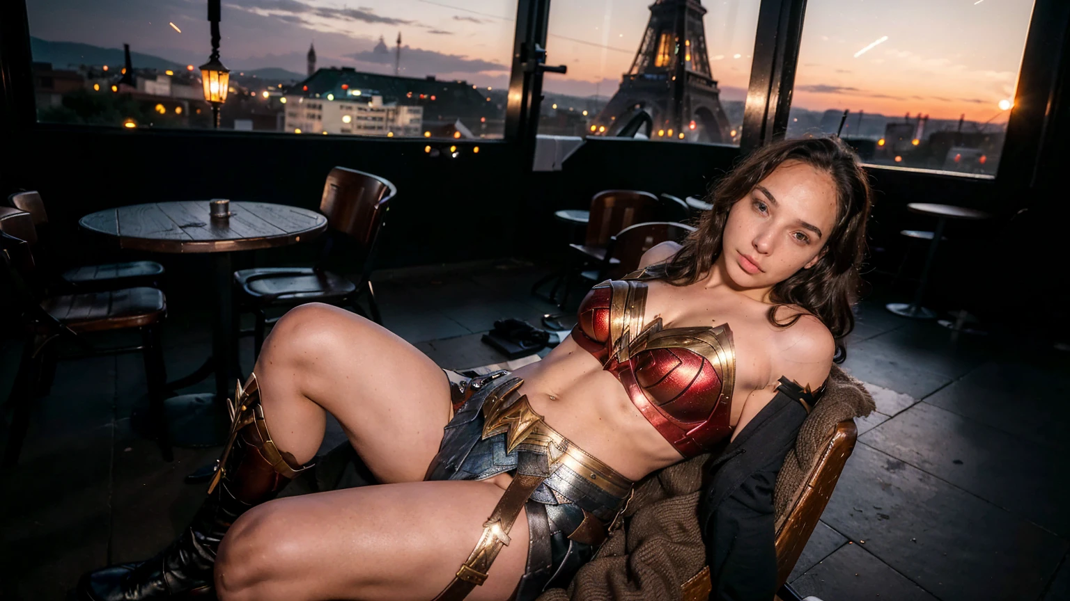((masterpiece), (solo character), (photorealistic:1.4), ),(best quality), (epiCRealLife), (g4lg), (wonder woman bra top), (g4lg show abs), (g4lg show cleavages), (Gal Godot in wonder woman costume), (lora:epiCFlashPhoto),(flashphoto), (flash photography) (look at viewers), (outdoor), (Eifel Tower), (night time), (city night lights), (in a street coffee shop exterior), (street view), (sitting on chair), (coffee table), , (wonder woman boots)