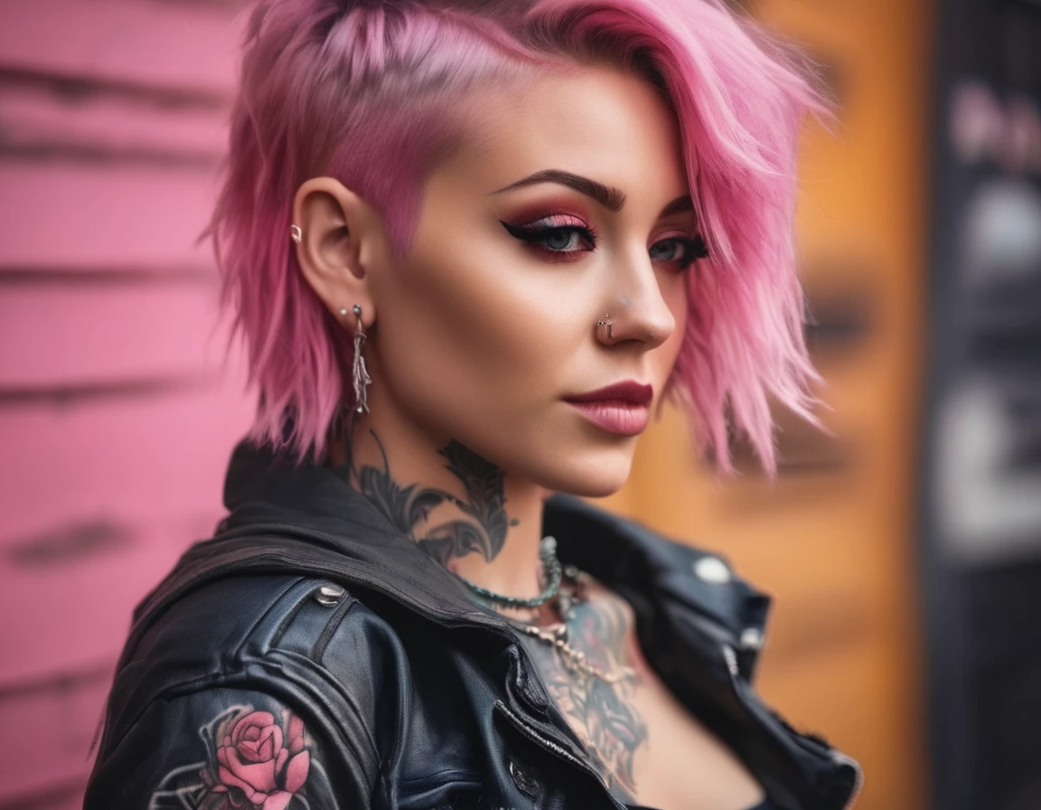 Young adult woman 22 years realistic, sexy with medium tits, modern punk style similar to harley queen, with long blonde and a little pink hair, with a broken heart tattoo on the neckline for the profile image