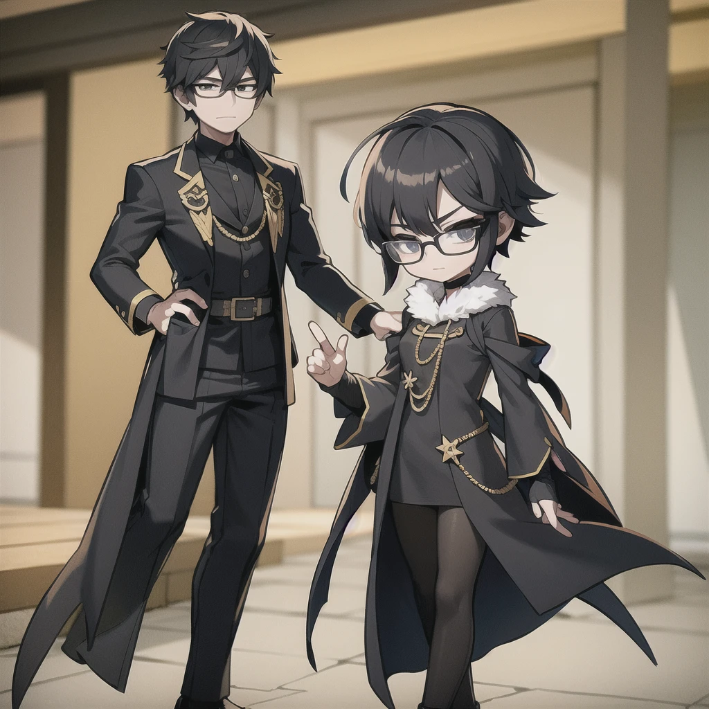 man,Swordsman,Height 169cm,Wear glasses,Black long-sleeved dress, black pants, fashion sandals