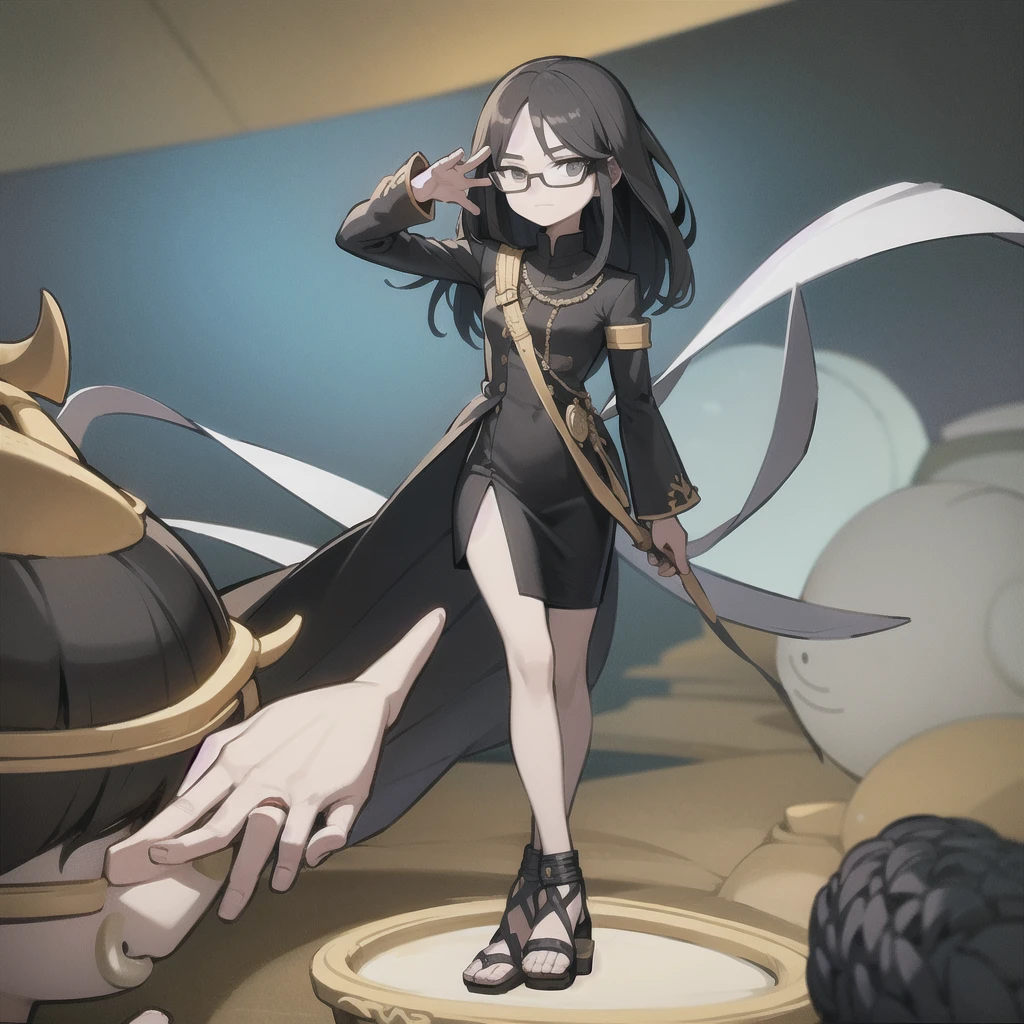 man,Swordsman,Height 169cm,Wear glasses,Black long-sleeved dress, black pants, fashion sandals