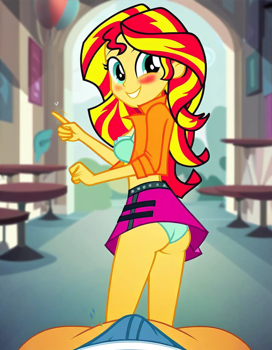 explicit, solo, bra, sunset_shimmer, standing_backwards, cute, cute face, awww, butt, bend down, equestria_girls, breasts, clothes, female, big_tits, looking at you, strip club, skirt, skirt lift, offscreen character, cartoon, panties, male_pov, twitching, briefs, unzipping, open fly, wink, blushing, smiling, show accurate, vector, male_pov, bulge_pov, offscreen character, lower_body_male
