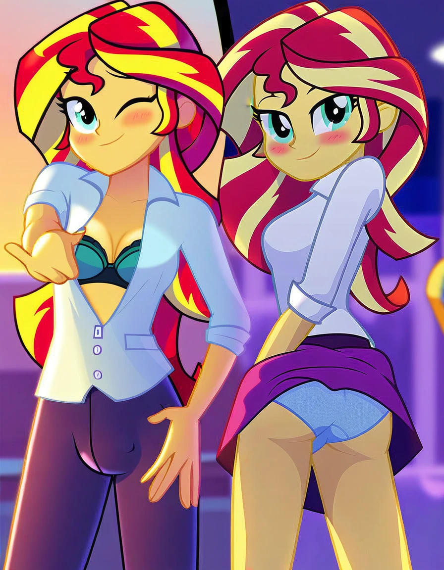 explicit, solo, bra, sunset_shimmer, standing_backwards, cute, cute face, awww, butt, bend down, equestria_girls, breasts, clothes, female, big_tits, looking at you, strip club, skirt, skirt lift, offscreen character, cartoon, panties, male_pov, twitching, briefs, unzipping, open fly, wink, blushing, smiling, show accurate, vector, male_pov, bulge_pov, offscreen character, lower_body_male