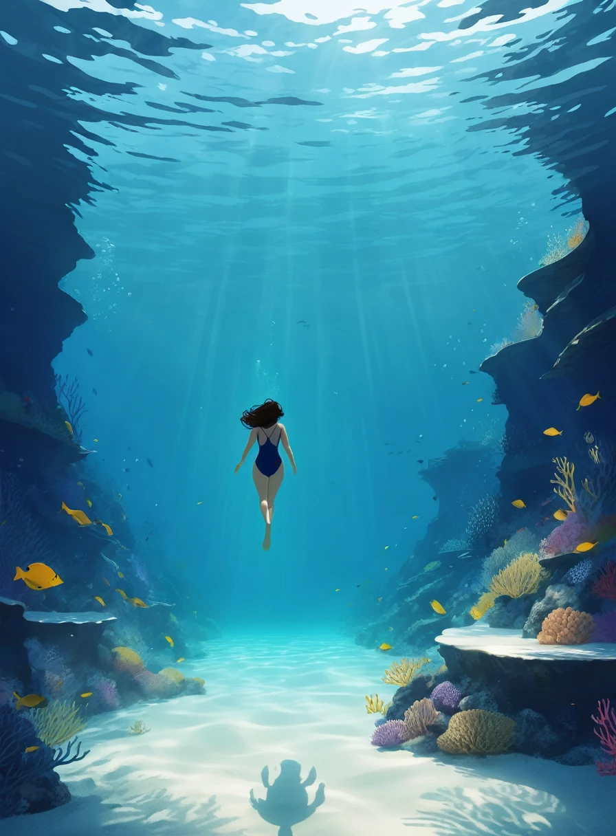 Minimalist Journey, diving, solitary, 1 girl swimming gracefully,Beautiful curves, Minimalism, Under the Sea, illustration.