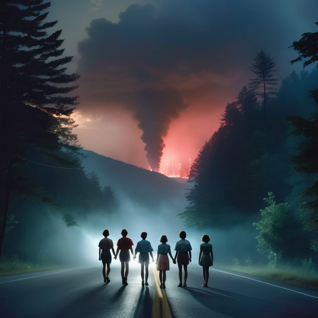 cinematic photo Gregory Crewdson Style - driving through the smoky mountains at night Gregory crewdson, a group of adults holding hands blocking the road, creepy and dark, observ giant monster style stranger things 2 poster red light glowing in the sky . 35mm photograph, film, bokeh, professional, 4k, highly detailed