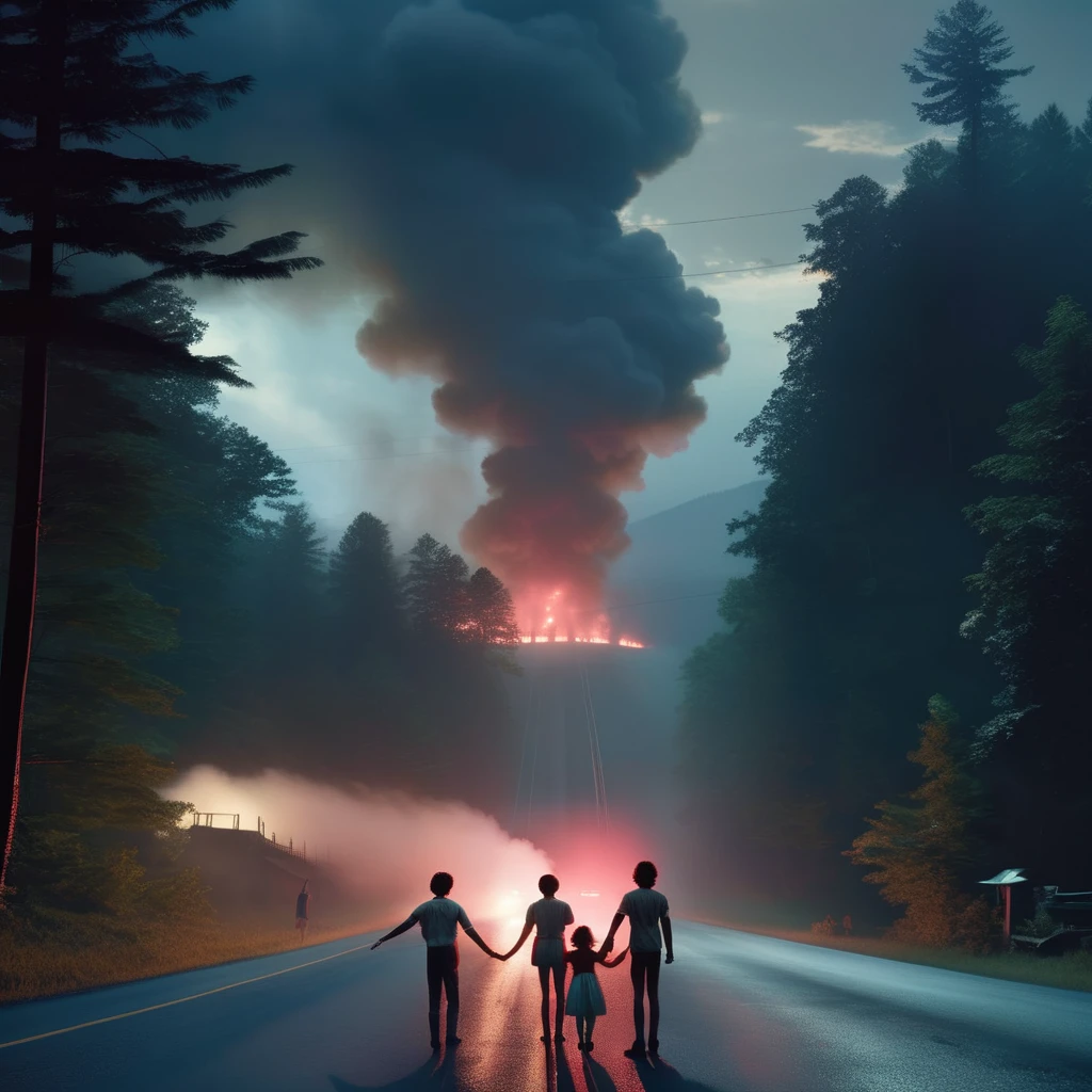 cinematic photo Gregory Crewdson Style - driving through the smoky mountains at night Gregory crewdson, a group of adults holding hands blocking the road, creepy and dark, observ giant monster style stranger things 2 poster red light glowing in the sky . 35mm photograph, film, bokeh, professional, 4k, highly detailed